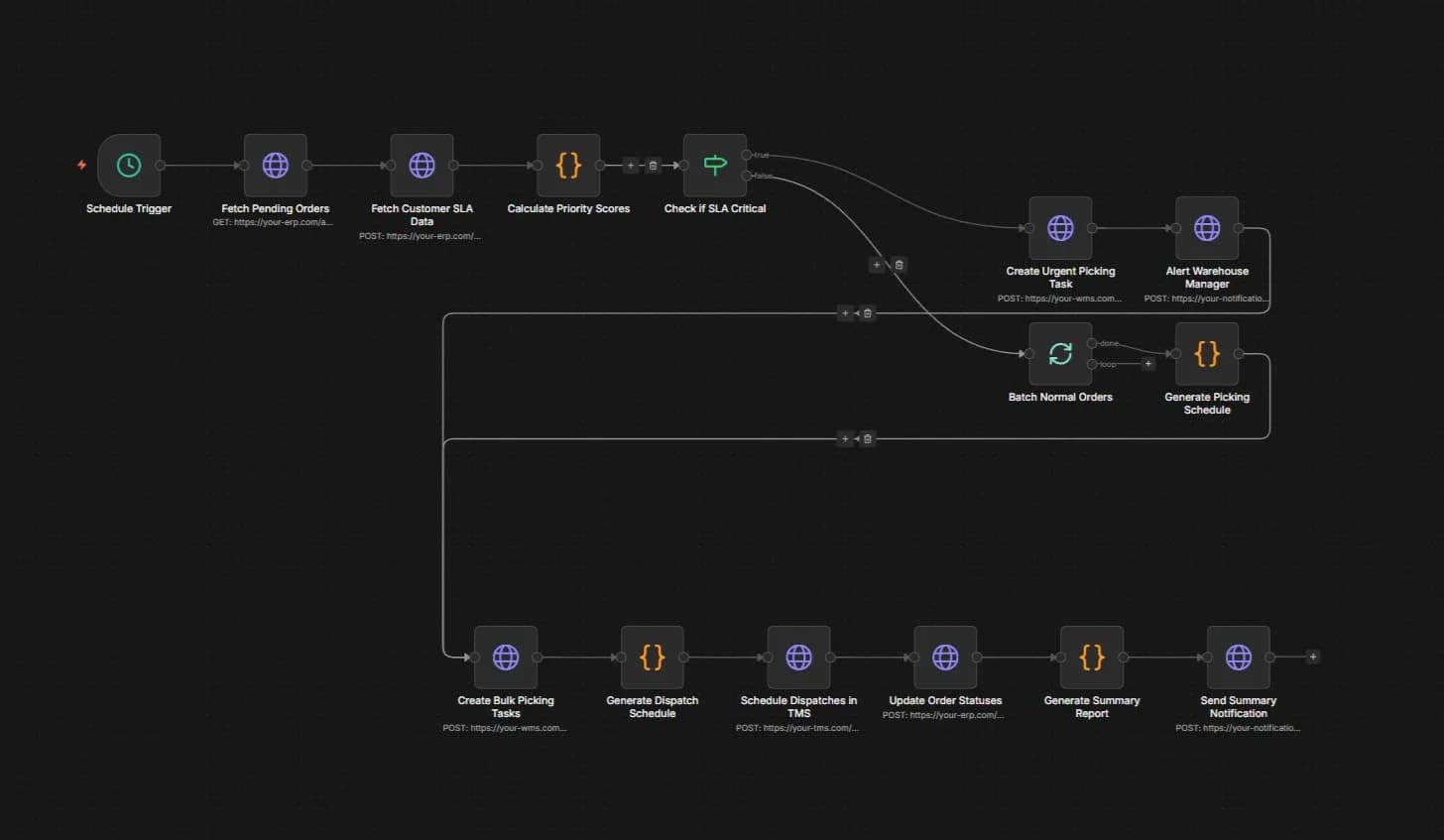 Full automation canvas starting at Schedule Trigger, branching at Check if SLA Critical into urgent picking, batching and bulk dispatch node chains with ERP, WMS and TMS API calls