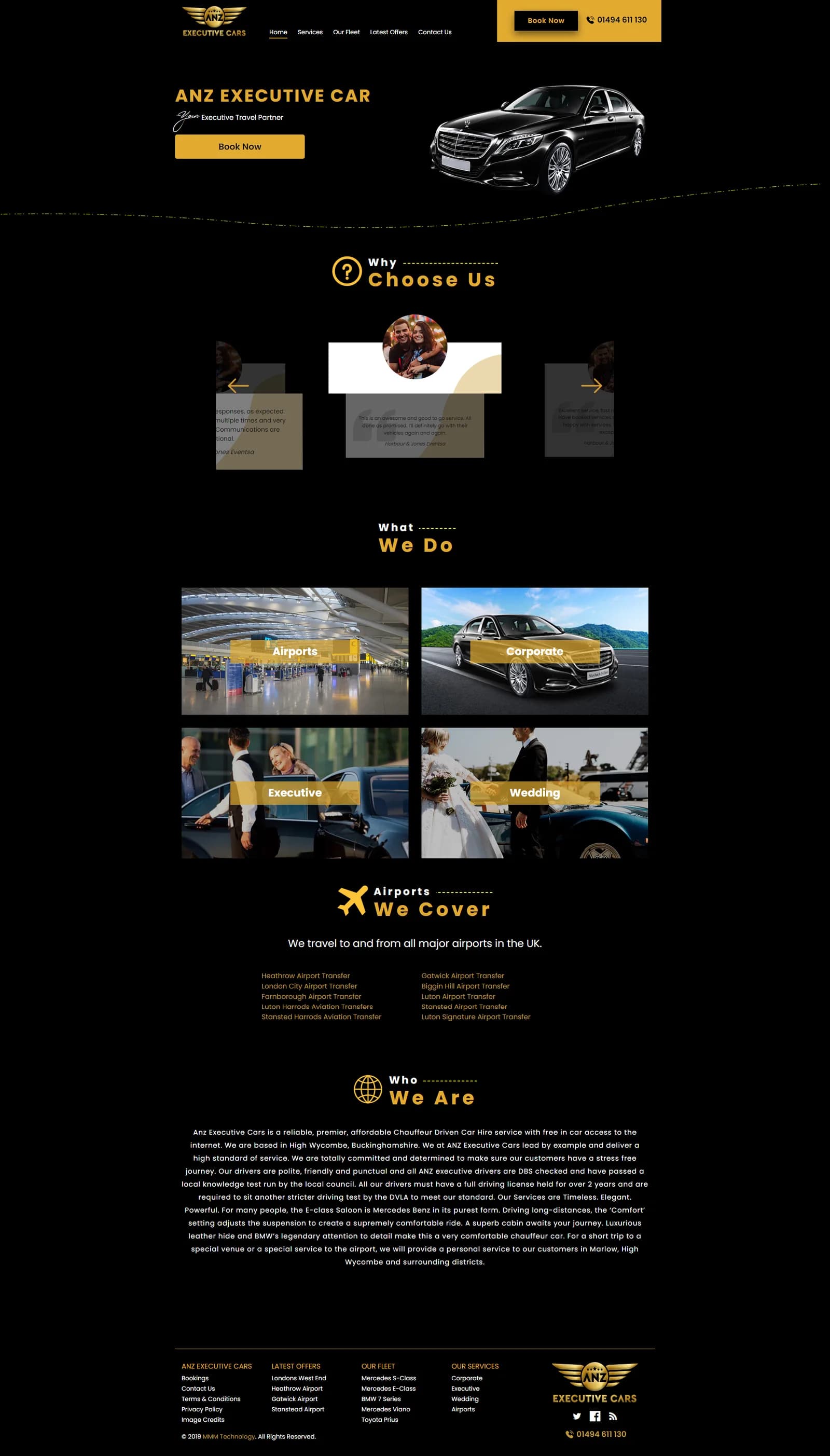 Black-and-gold chauffeur homepage: luxury sedan hero with Book Now, testimonial carousel, and Airports, Corporate, Executive and Wedding service tiles