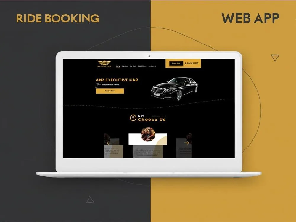 Laptop mockup of a black-and-gold chauffeur site on a split charcoal/amber cover labelled "RIDE BOOKING" and "WEB APP"