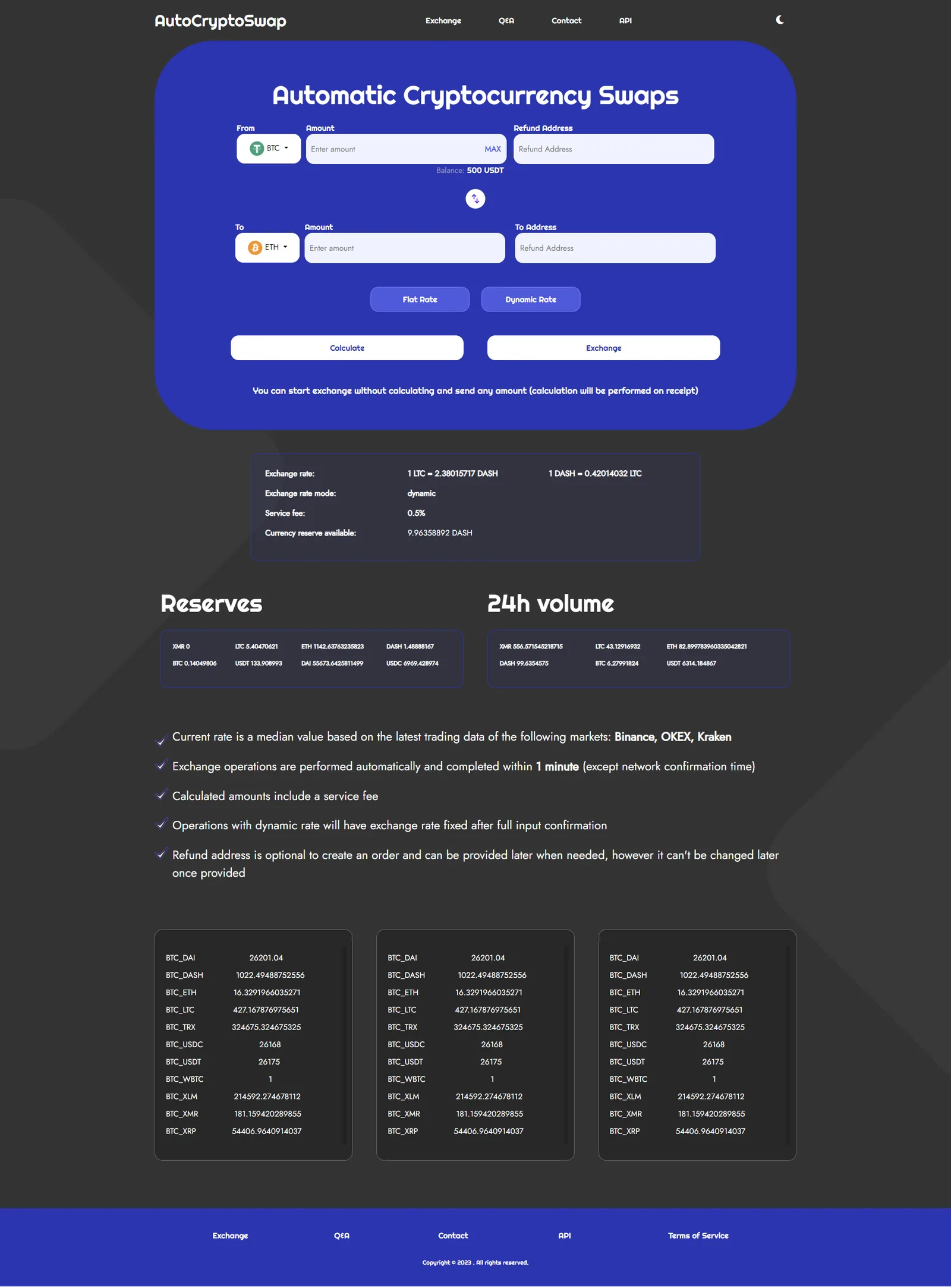 Full dark AutoCryptoSwap exchange page: blue BTC-to-ETH swap panel with Flat Rate and Dynamic Rate toggles, then rate details, Reserves and 24h volume tables, and per-pair BTC price lists