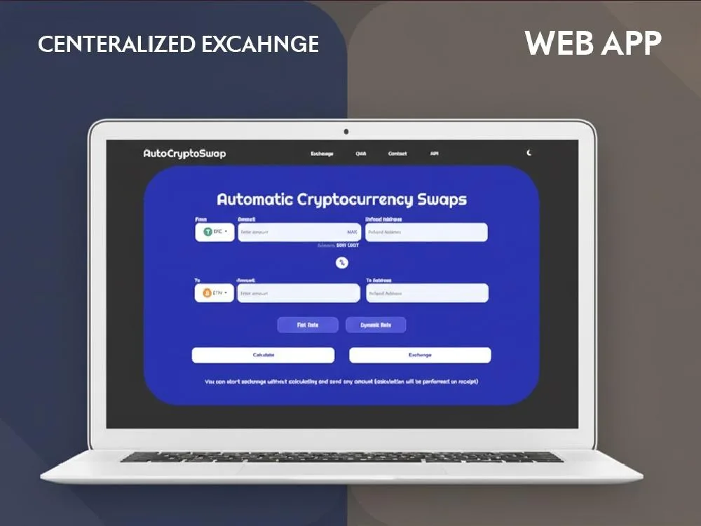 Laptop mockup on split navy and taupe cover, labelled "CENTRALIZED EXCHANGE" and "WEB APP", showing a blue swap form