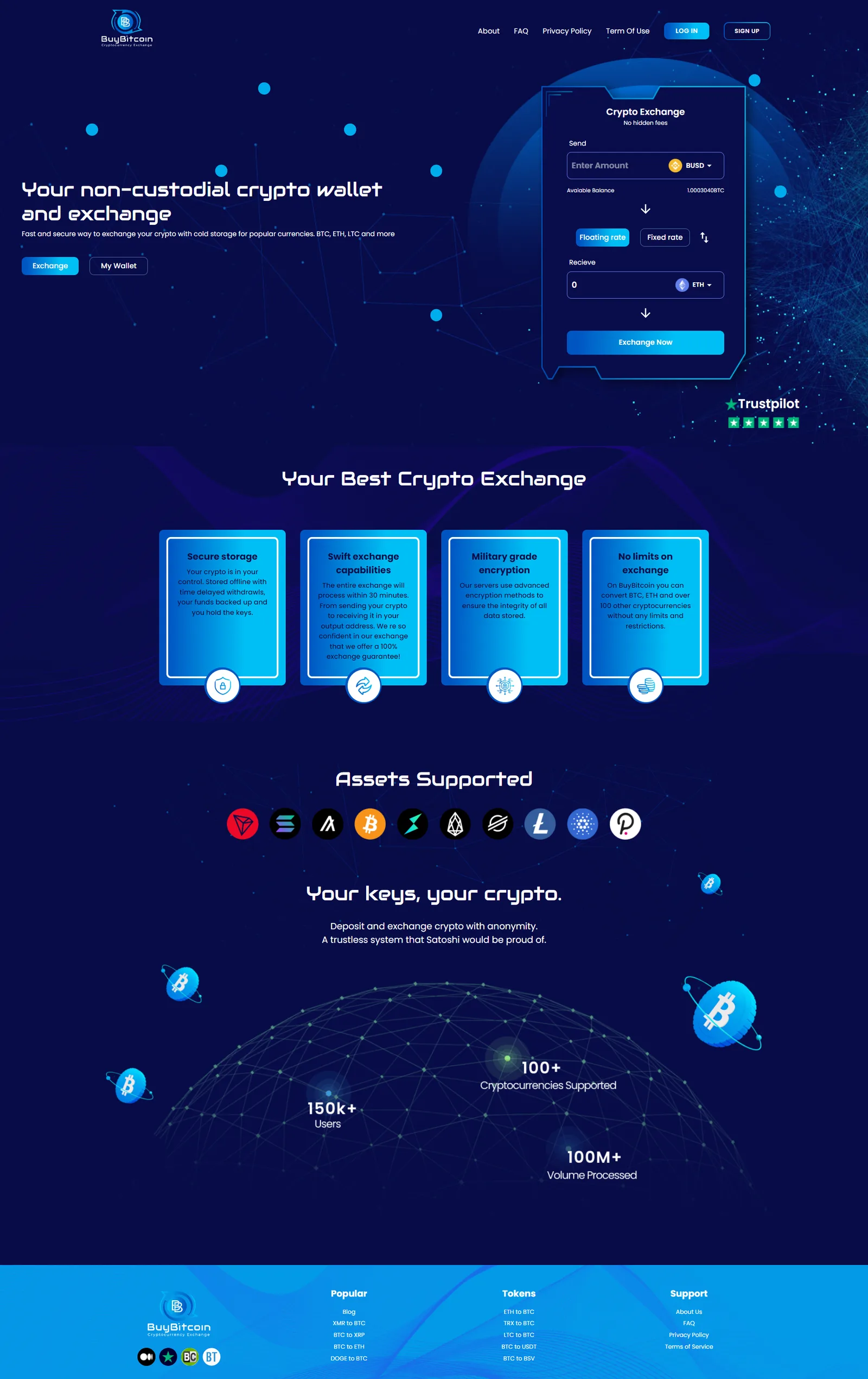 BuyBitcoin homepage: non-custodial wallet hero beside a Crypto Exchange send/receive widget, feature cards and supported coin logos