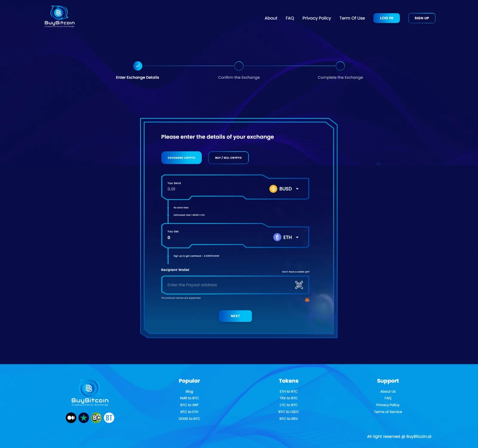 Exchange flow step one — three-step progress tracker above a You Send BUSD to You Get ETH form with a Recipient Wallet payout field