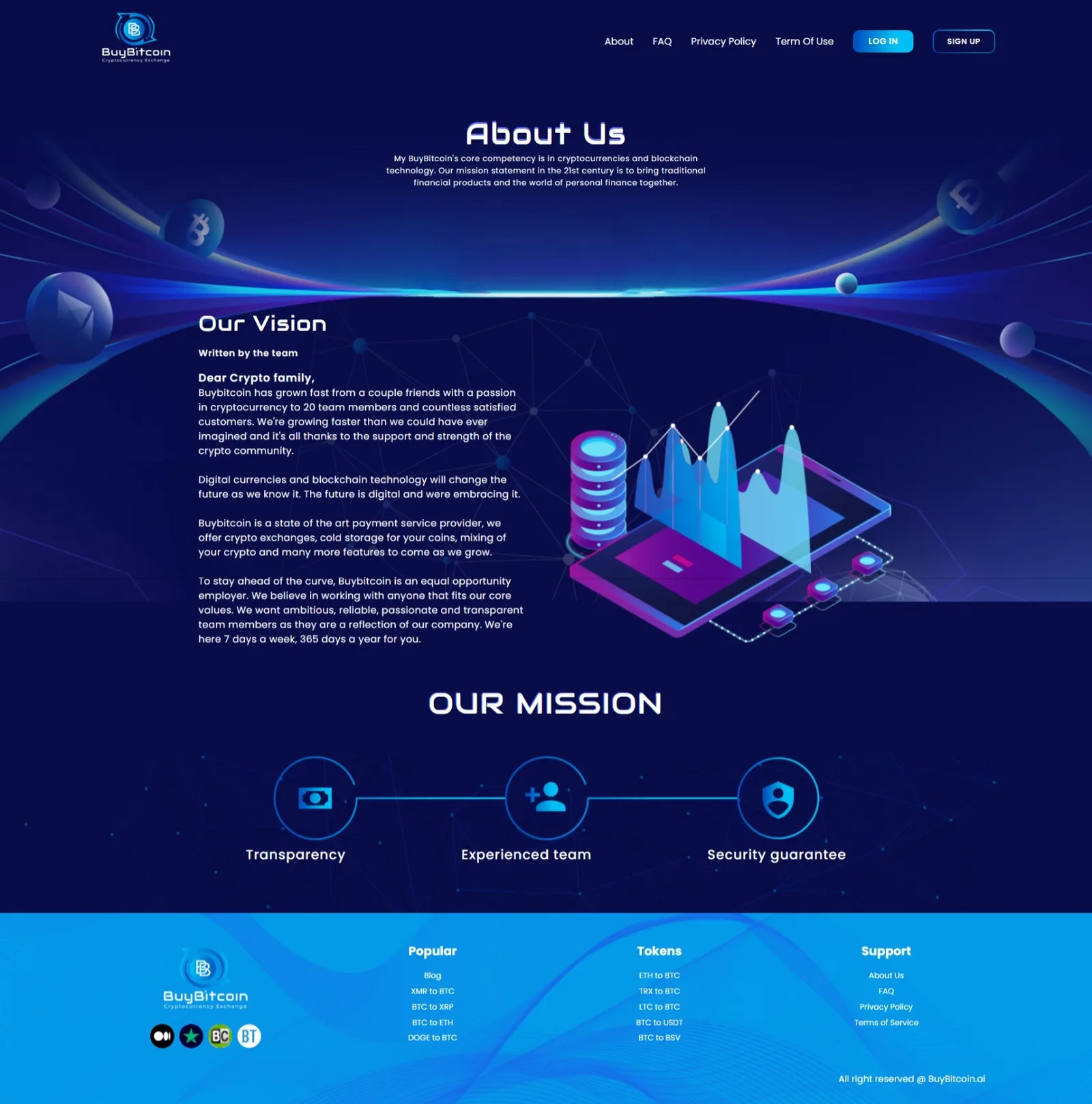 About Us page with an Our Vision letter, isometric chart illustration, and Our Mission icons for transparency, team and security