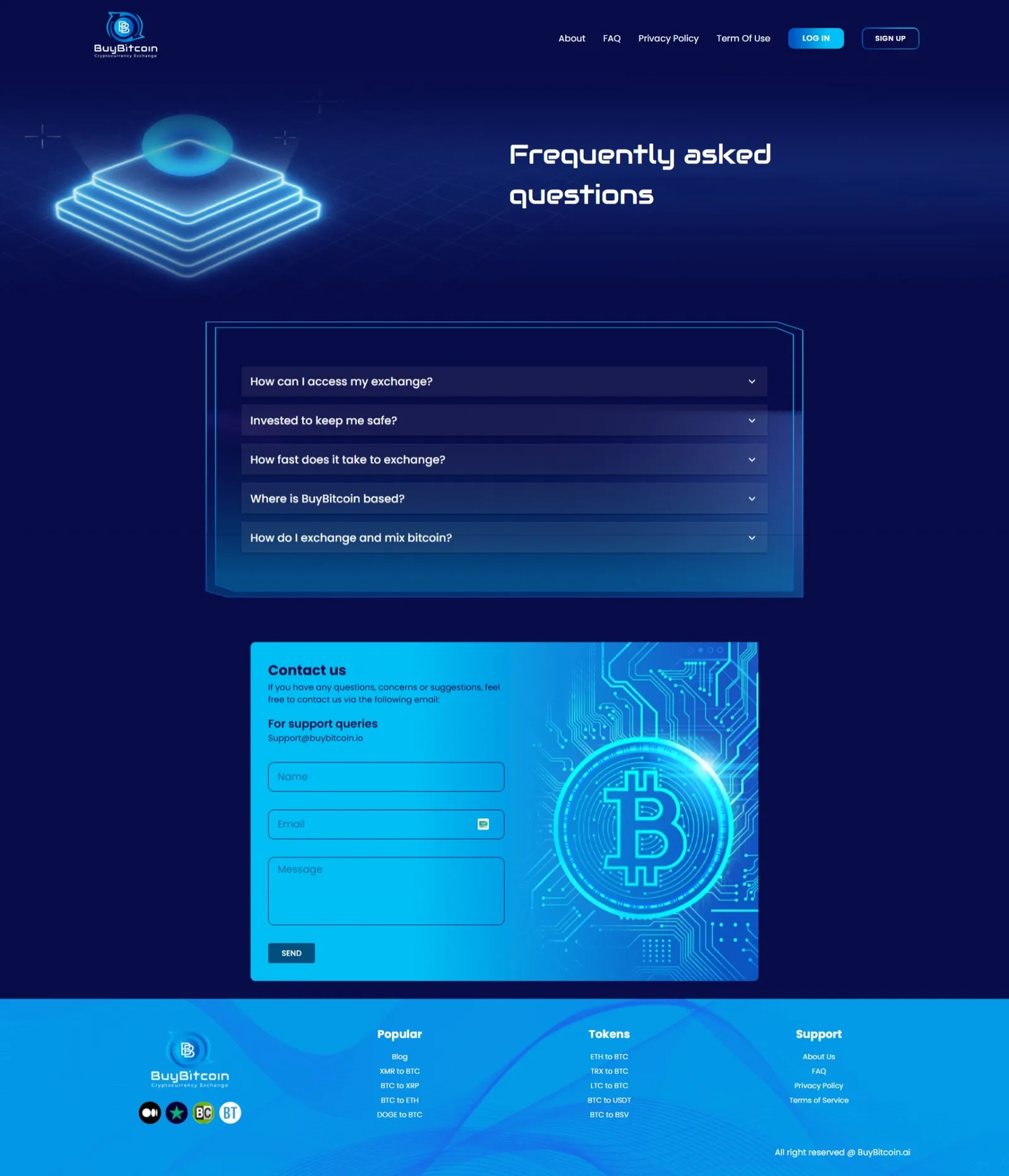 FAQ page listing five collapsible questions above a bright Contact us panel with name, email and message fields and a Send button