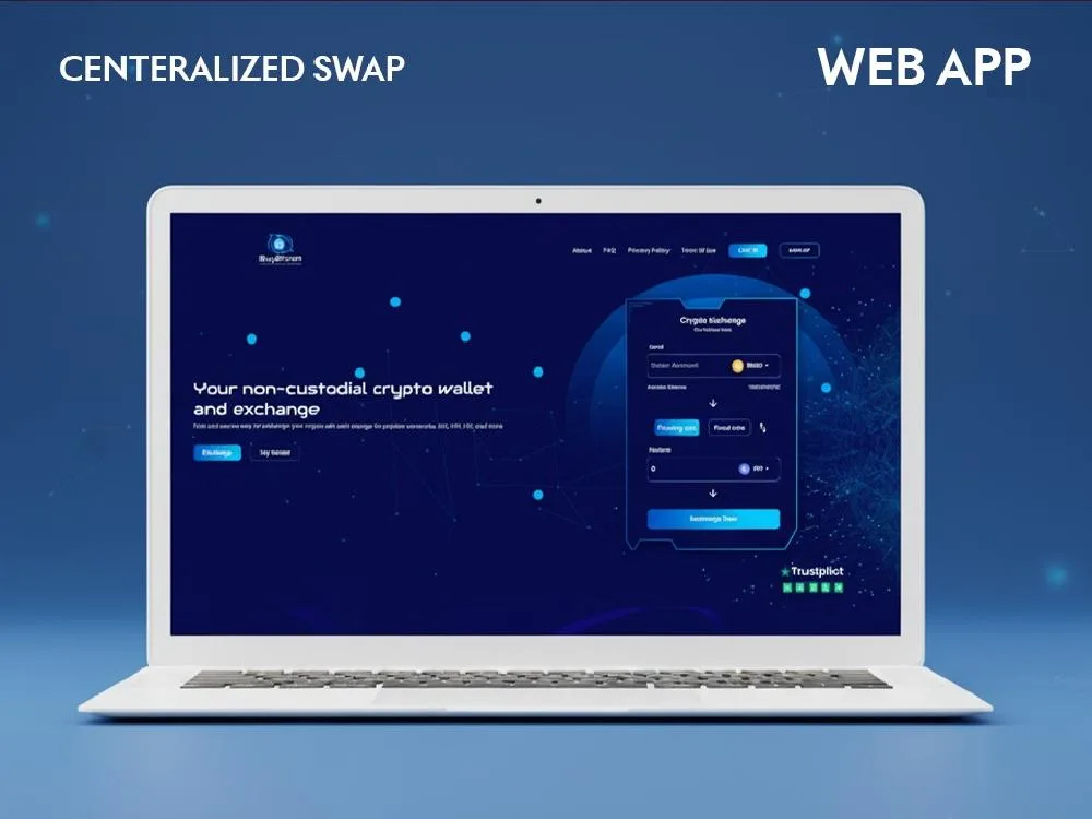 Laptop mockup on a blue backdrop labelled CENTERALIZED SWAP and WEB APP, showing a dark crypto exchange homepage