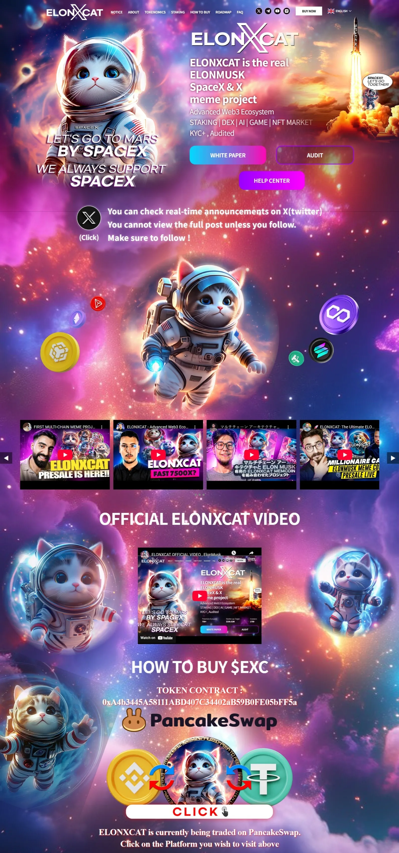 Token homepage hero with an astronaut-cat mascot, White Paper and Audit buttons, a video carousel and a "HOW TO BUY $EXC" contract block
