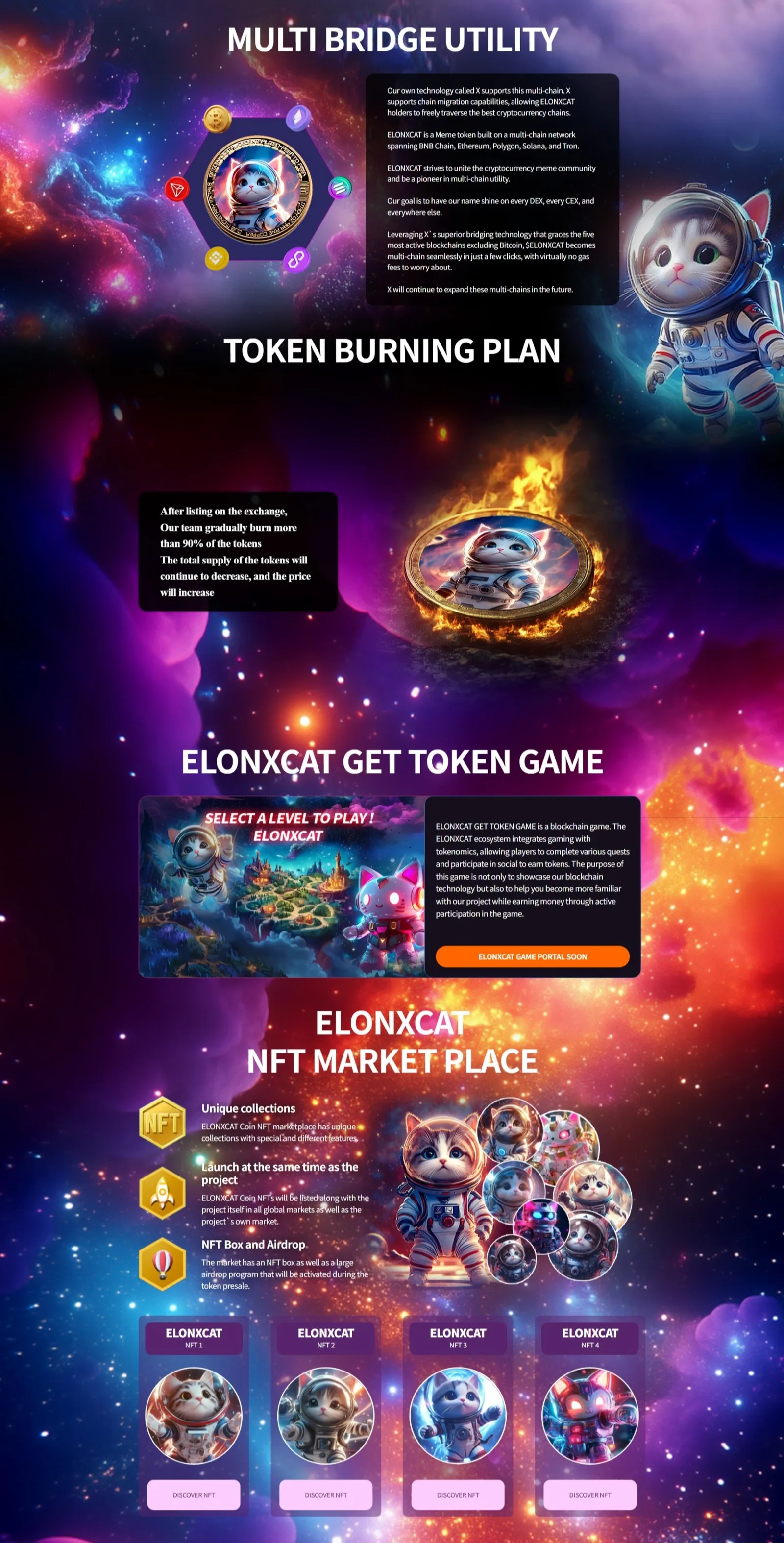 Marketing sections covering Multi Bridge Utility, Token Burning Plan, a play-to-earn game panel and a four-card NFT marketplace grid