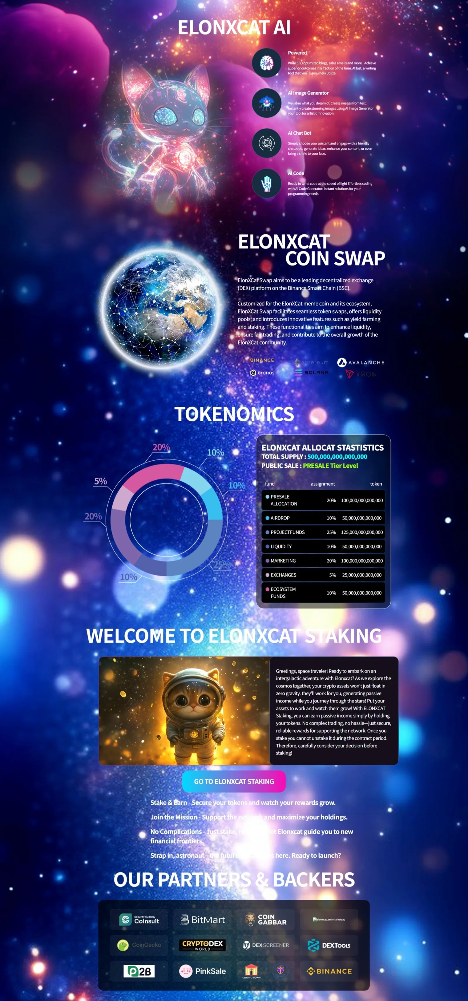 AI feature list, coin swap explainer, tokenomics donut chart with an allocation table, staking intro and a partner logo wall