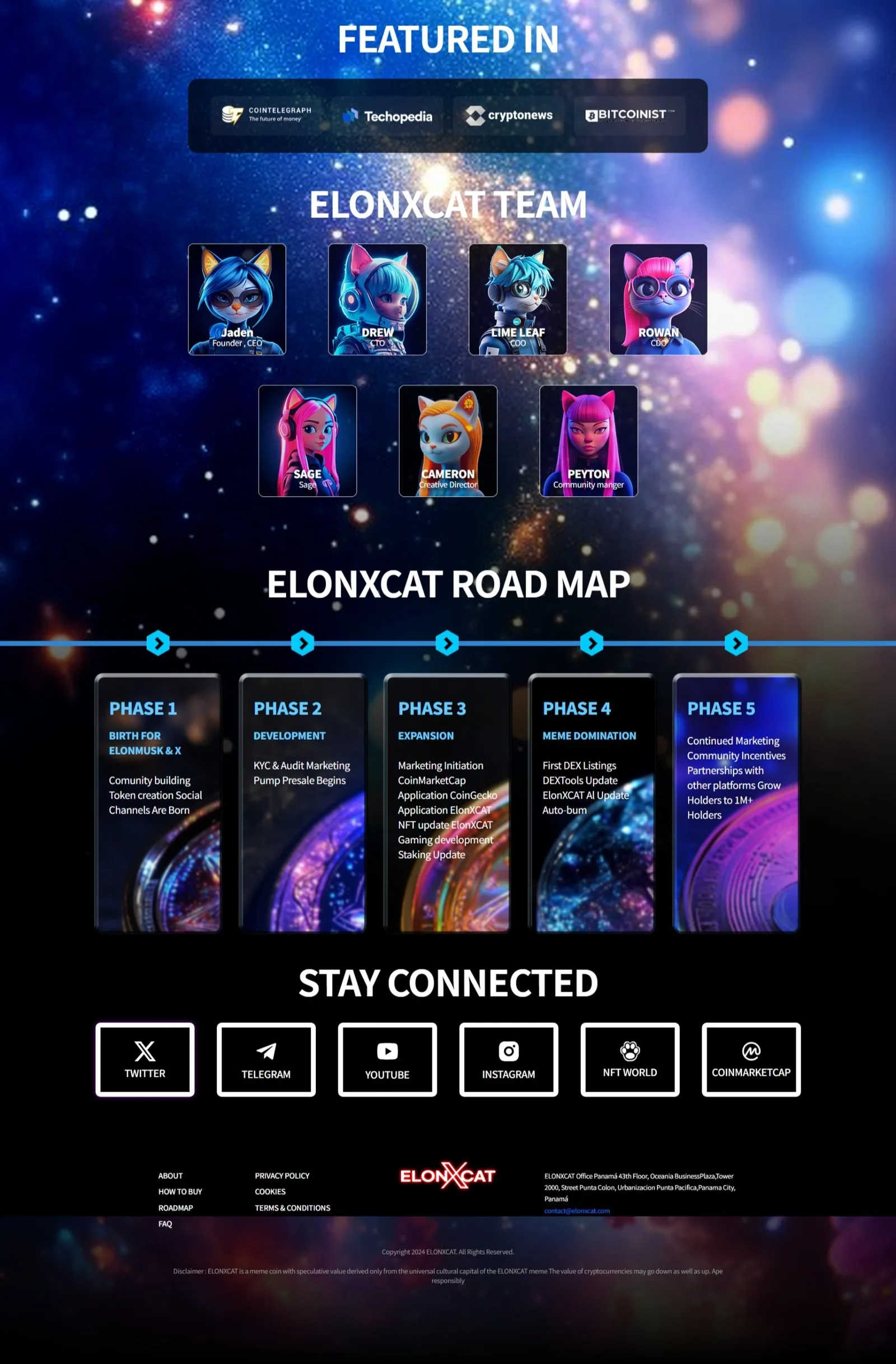 Press logo bar, seven cartoon-cat team cards, a five-phase roadmap timeline, social link tiles and the site footer