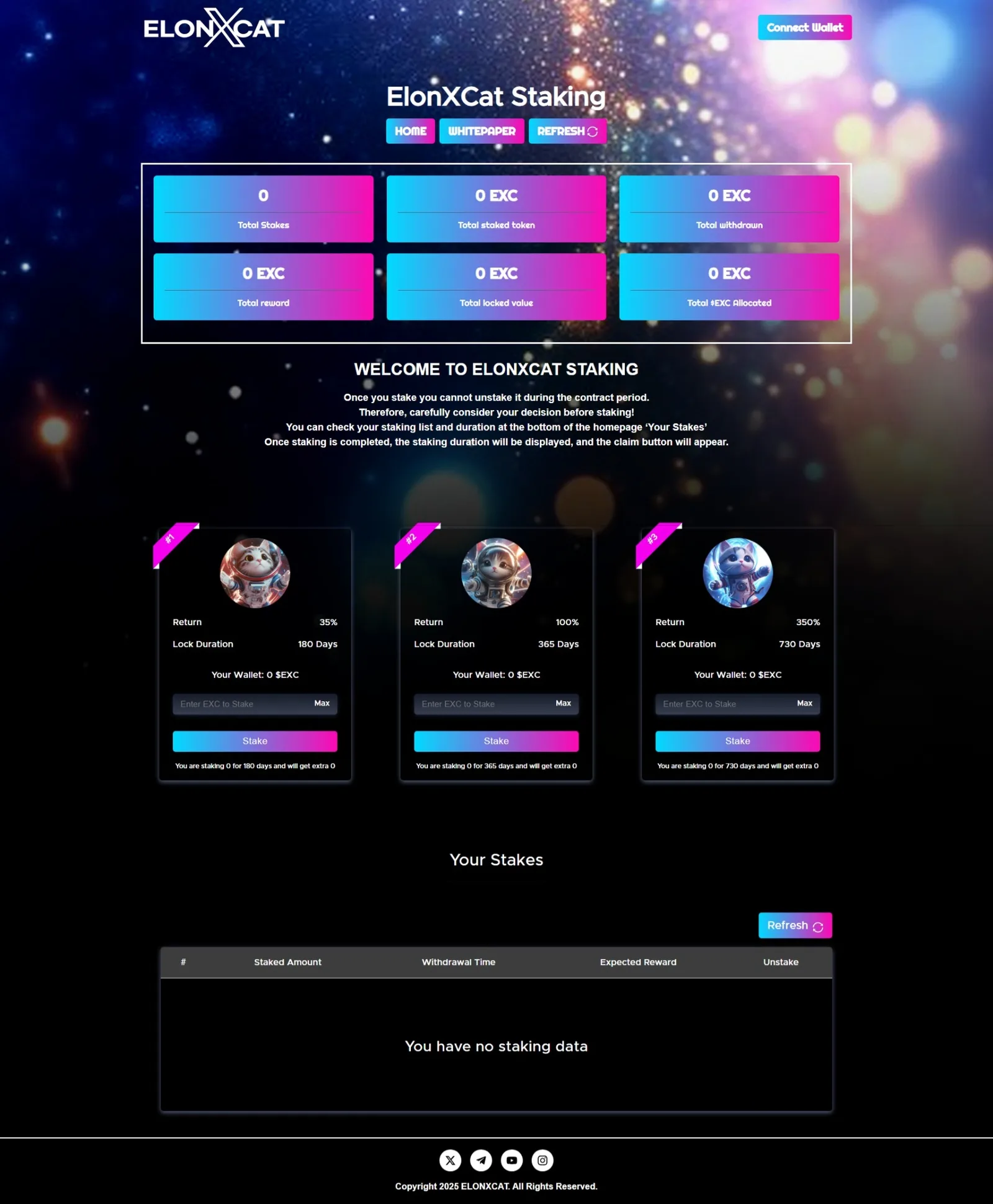 Staking dashboard with a Connect Wallet header, six zeroed stat tiles, three lock-duration stake cards and an empty "Your Stakes" table