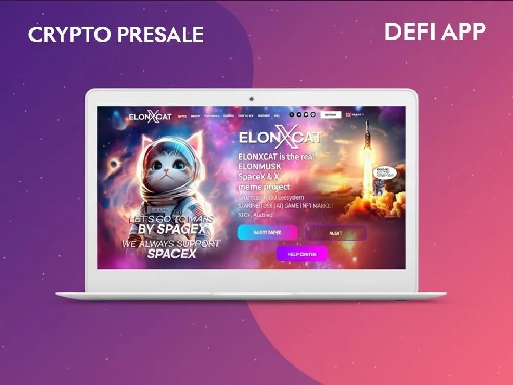 Laptop mockup of a space-themed meme-coin landing page, framed by bold "CRYPTO PRESALE" and "DEFI APP" labels
