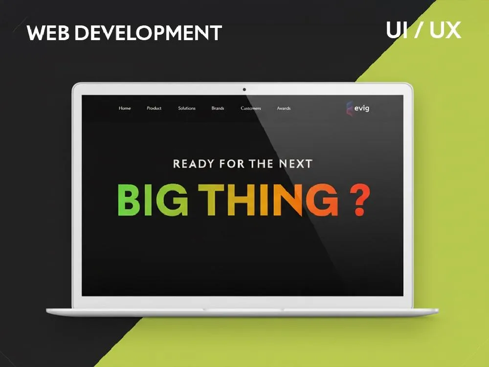 Laptop mockup on black and lime split background showing a dark landing page reading "Ready for the next BIG THING?", labelled WEB DEVELOPMENT and UI / UX