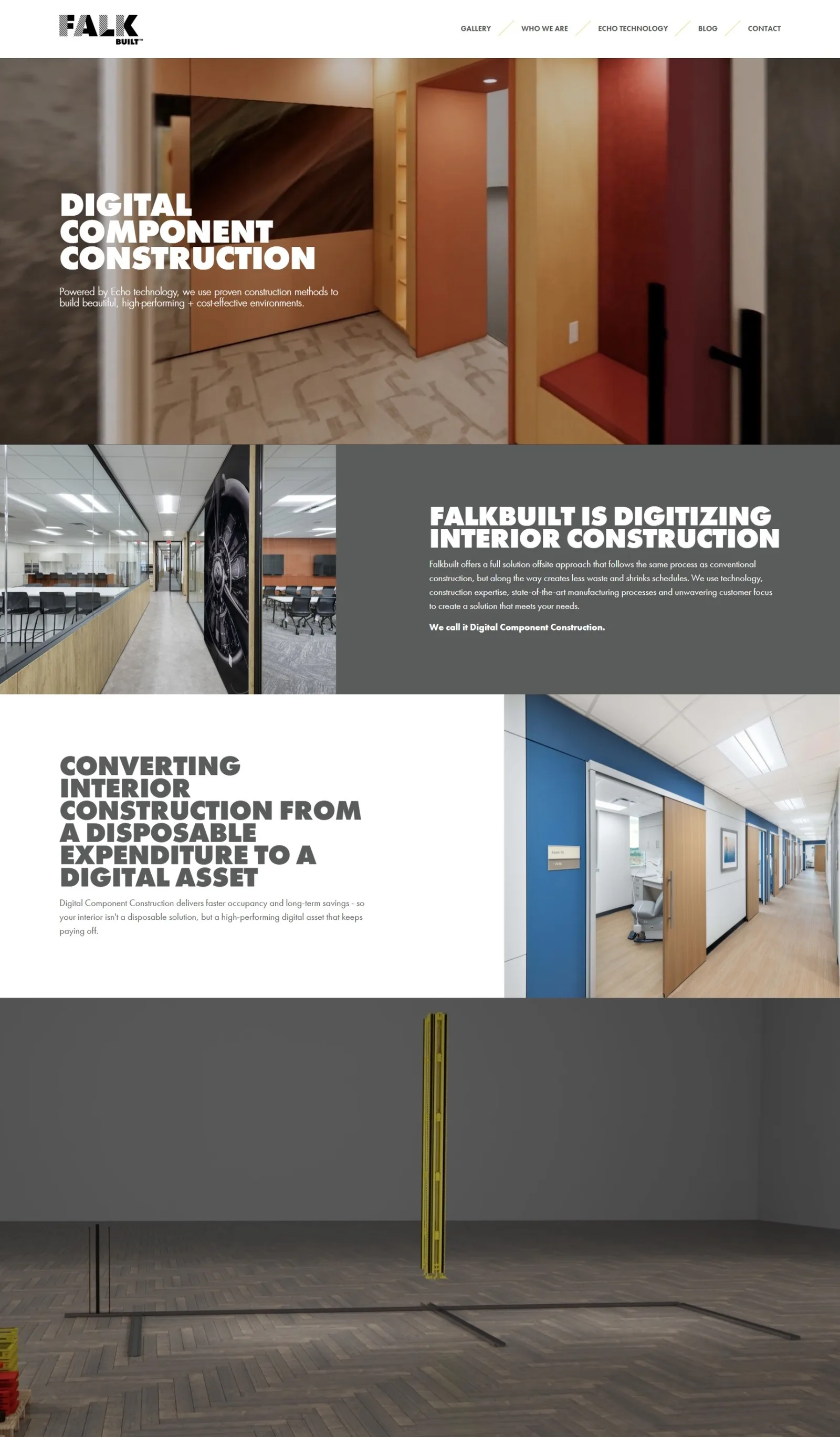 Homepage hero reading Digital Component Construction over an interior build, followed by digitizing and digital-asset story sections