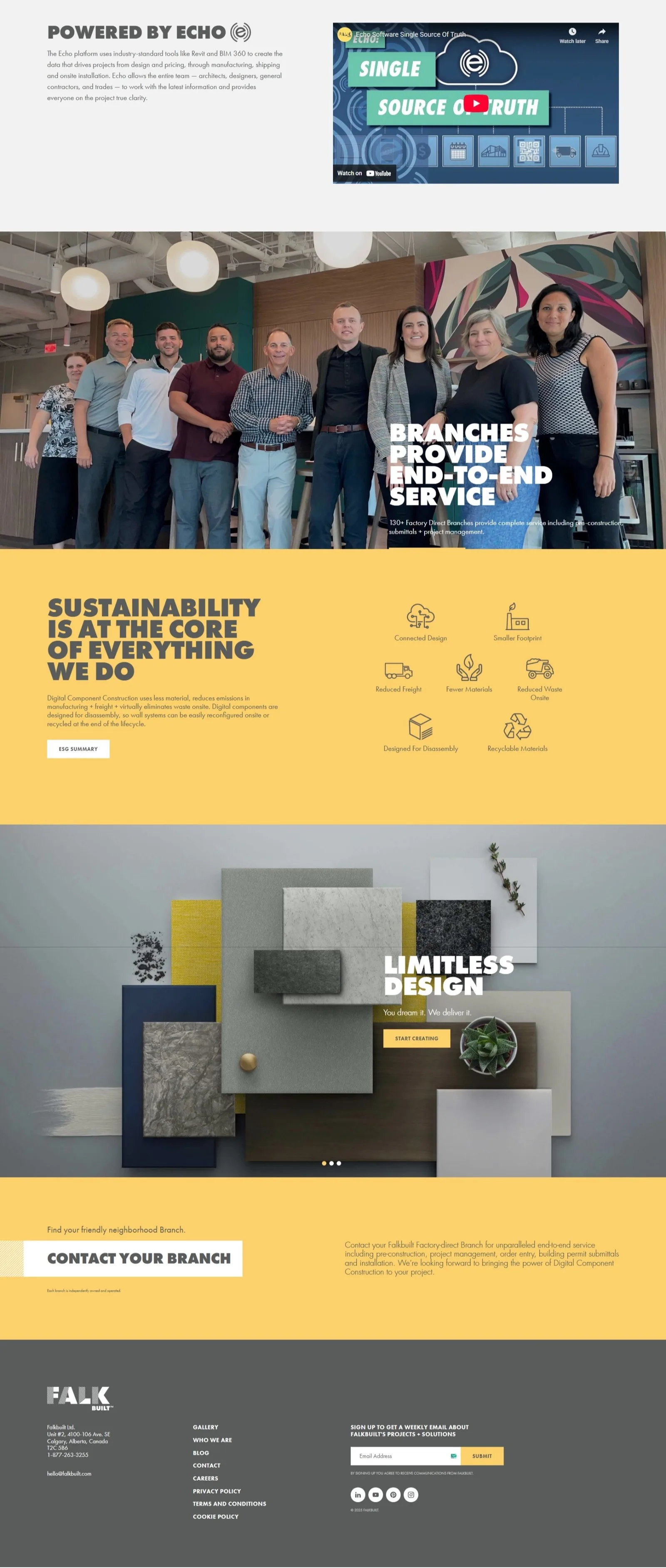 Lower homepage: Powered by Echo video embed, branch team banner, yellow sustainability icon grid and a Limitless Design carousel