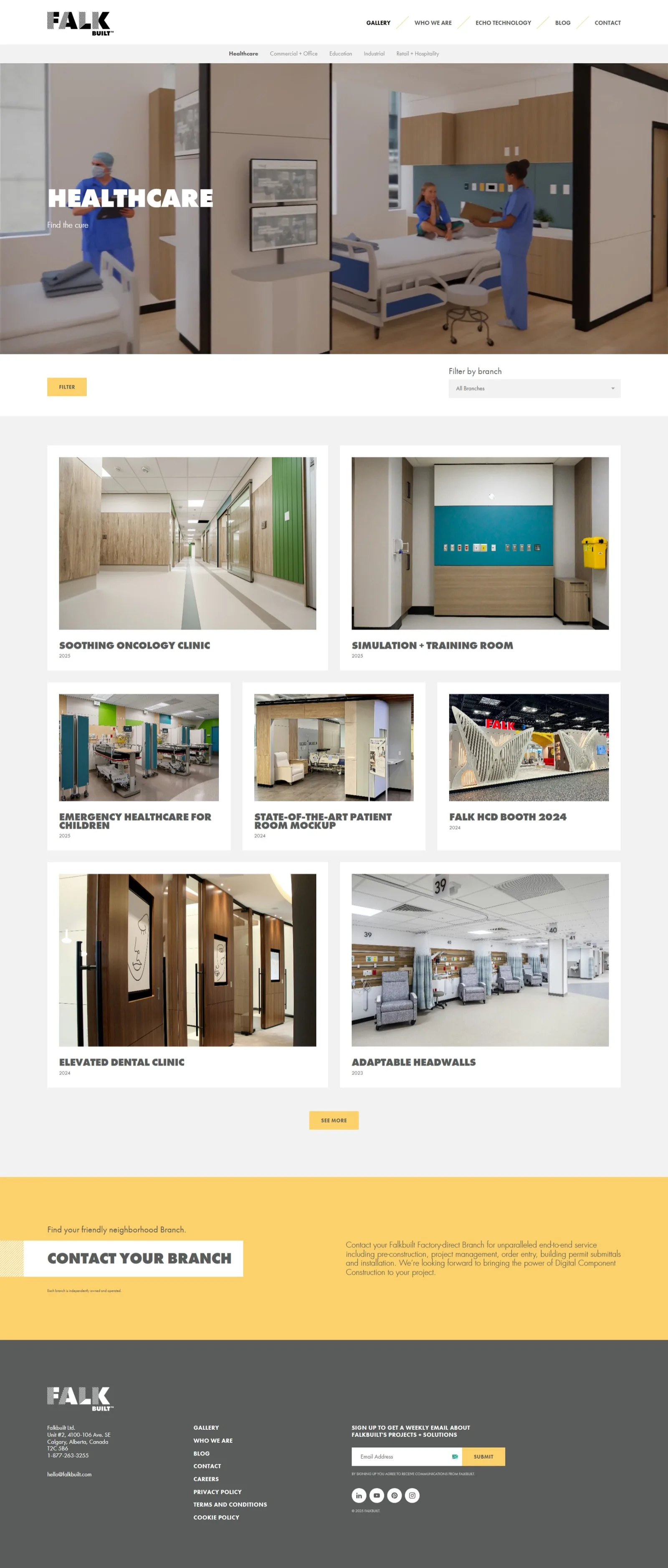 Gallery page filtered to Healthcare, with category tabs, branch dropdown and a card grid of clinic and patient-room projects