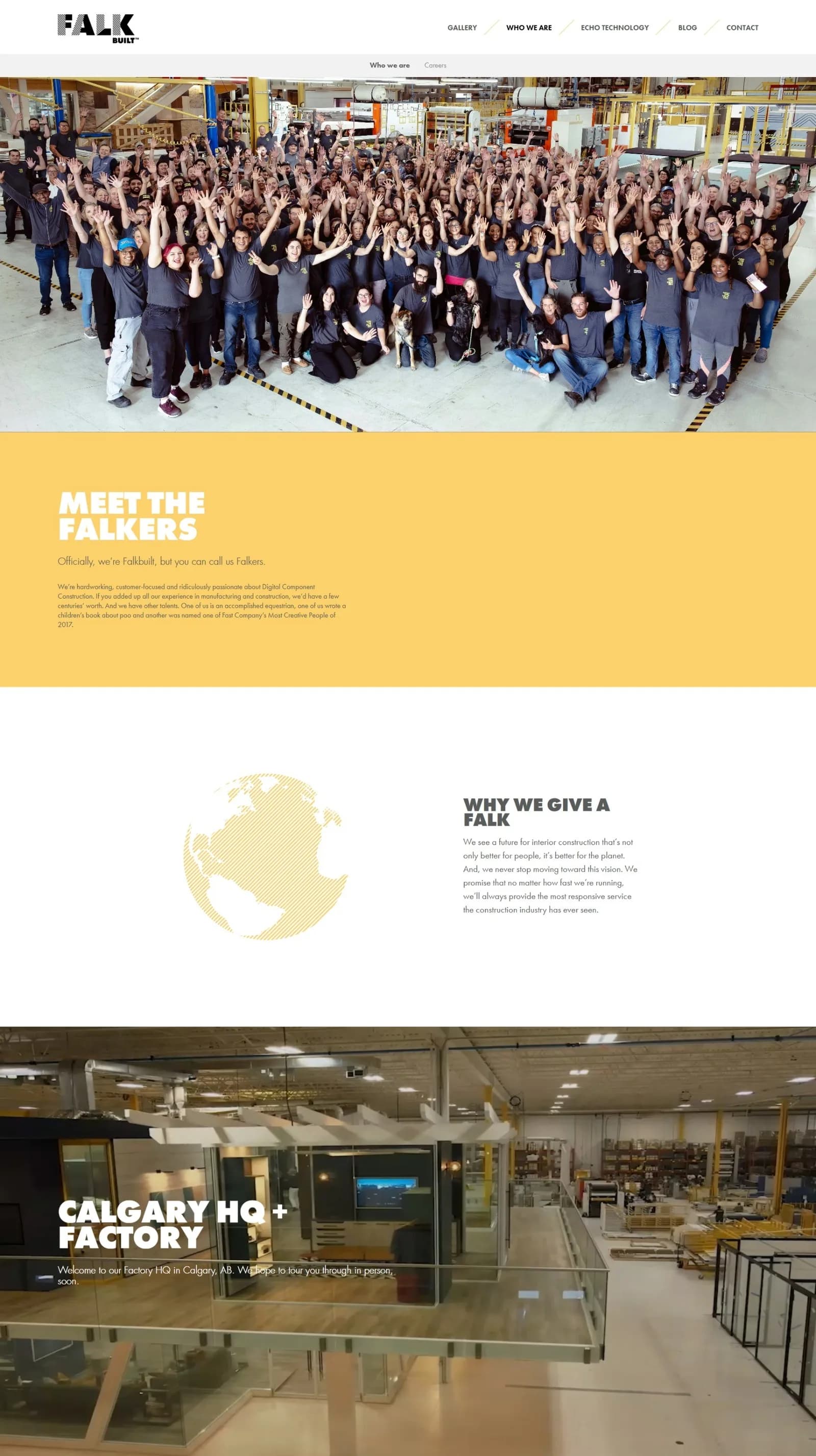 Who We Are page: wide factory-floor staff photo, yellow Meet the Falkers panel, globe graphic and a Calgary HQ + Factory banner