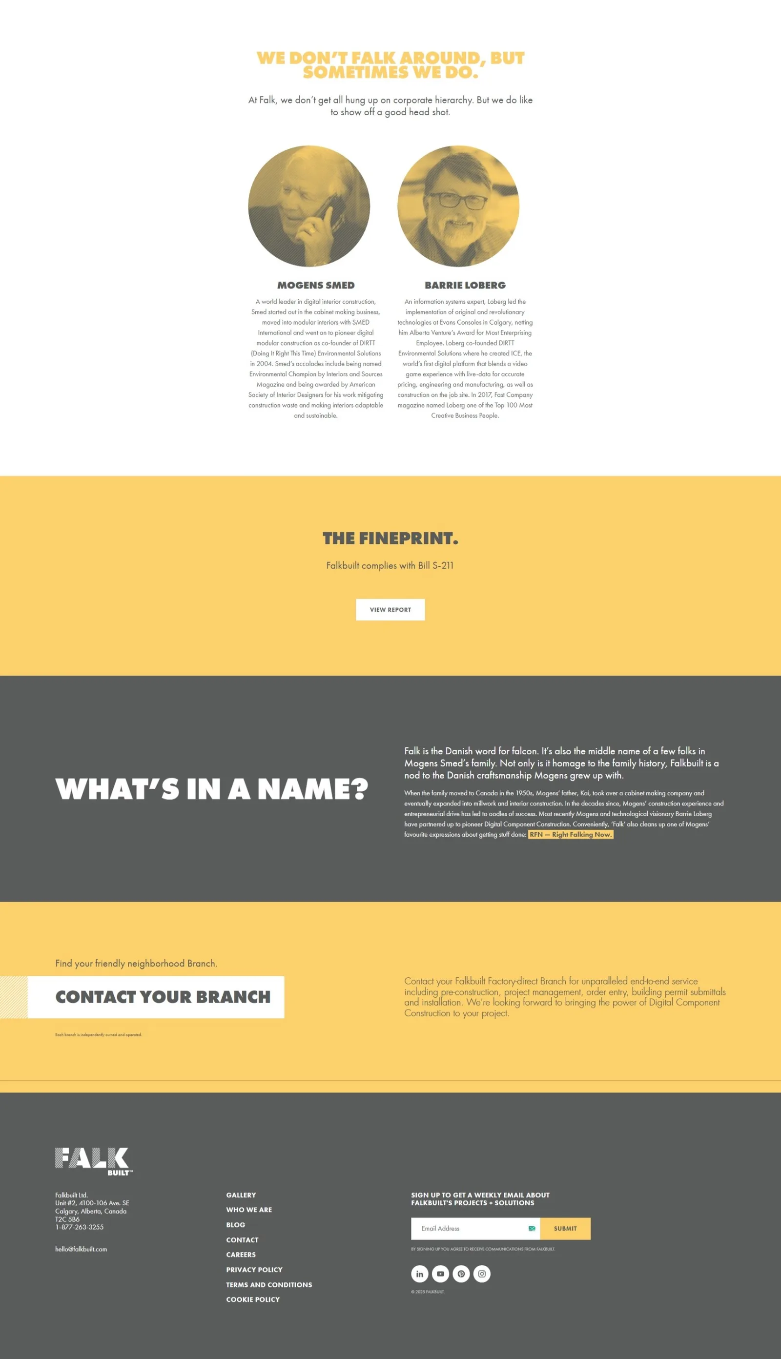 Leadership section with two duotone headshots and bios, a yellow Fineprint compliance panel and a What's In A Name story block