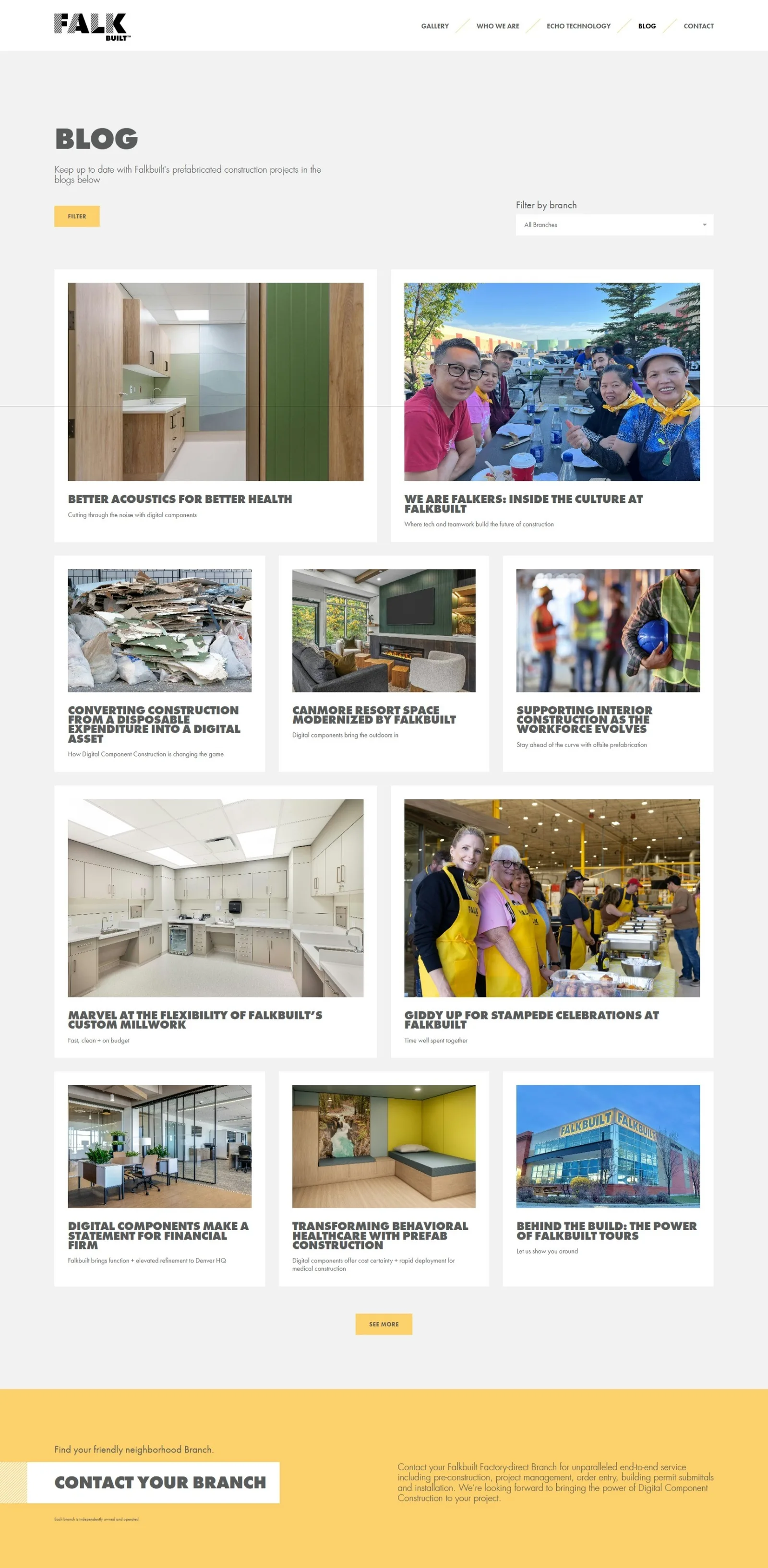 Blog index with a branch filter dropdown and a mixed-size grid of post cards covering acoustics, culture and prefab construction