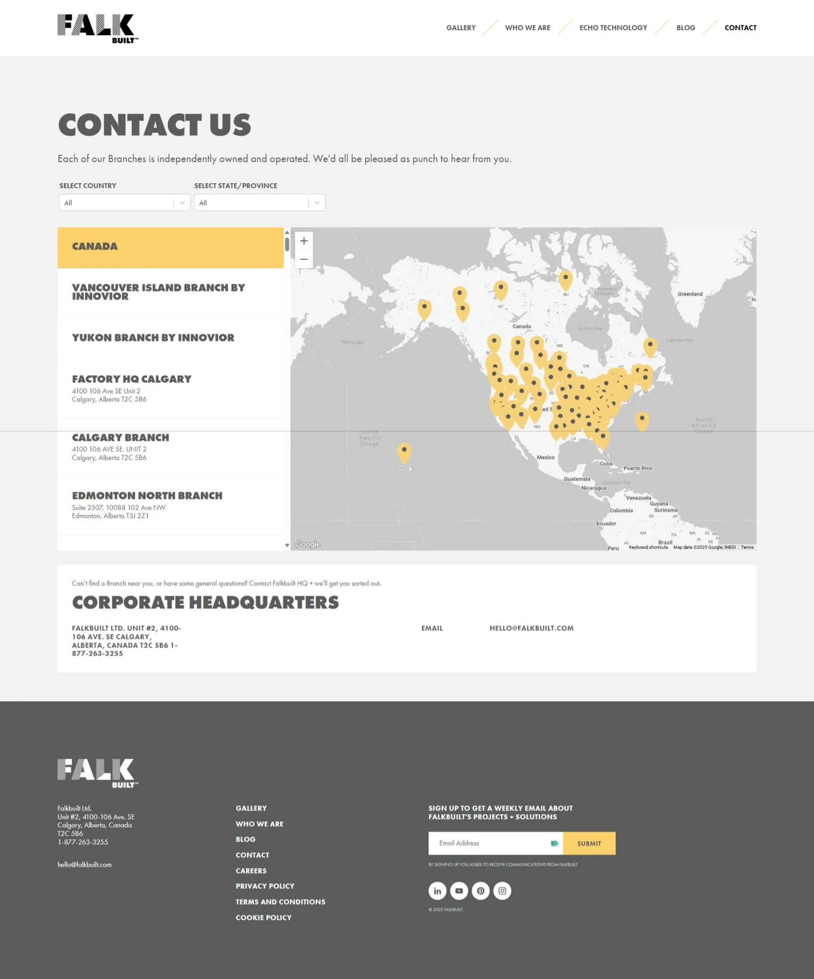 Contact page pairing a scrollable branch directory with a pin-covered North America map above a corporate headquarters block