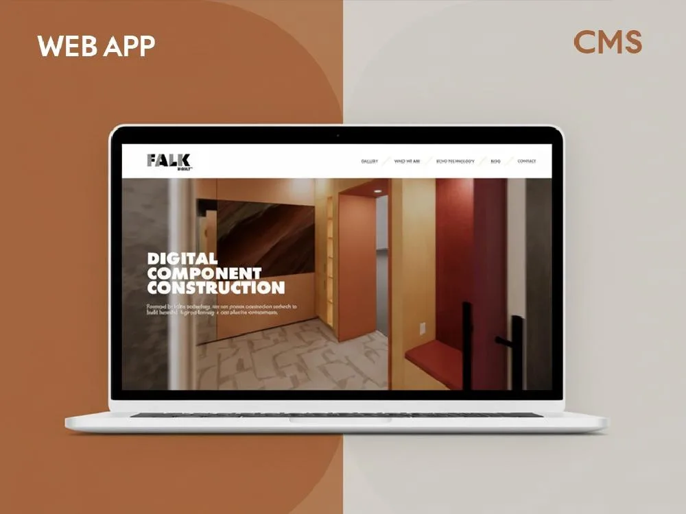 Laptop mock-up on a split rust-and-stone background labelled WEB APP and CMS, showing a bold interiors homepage