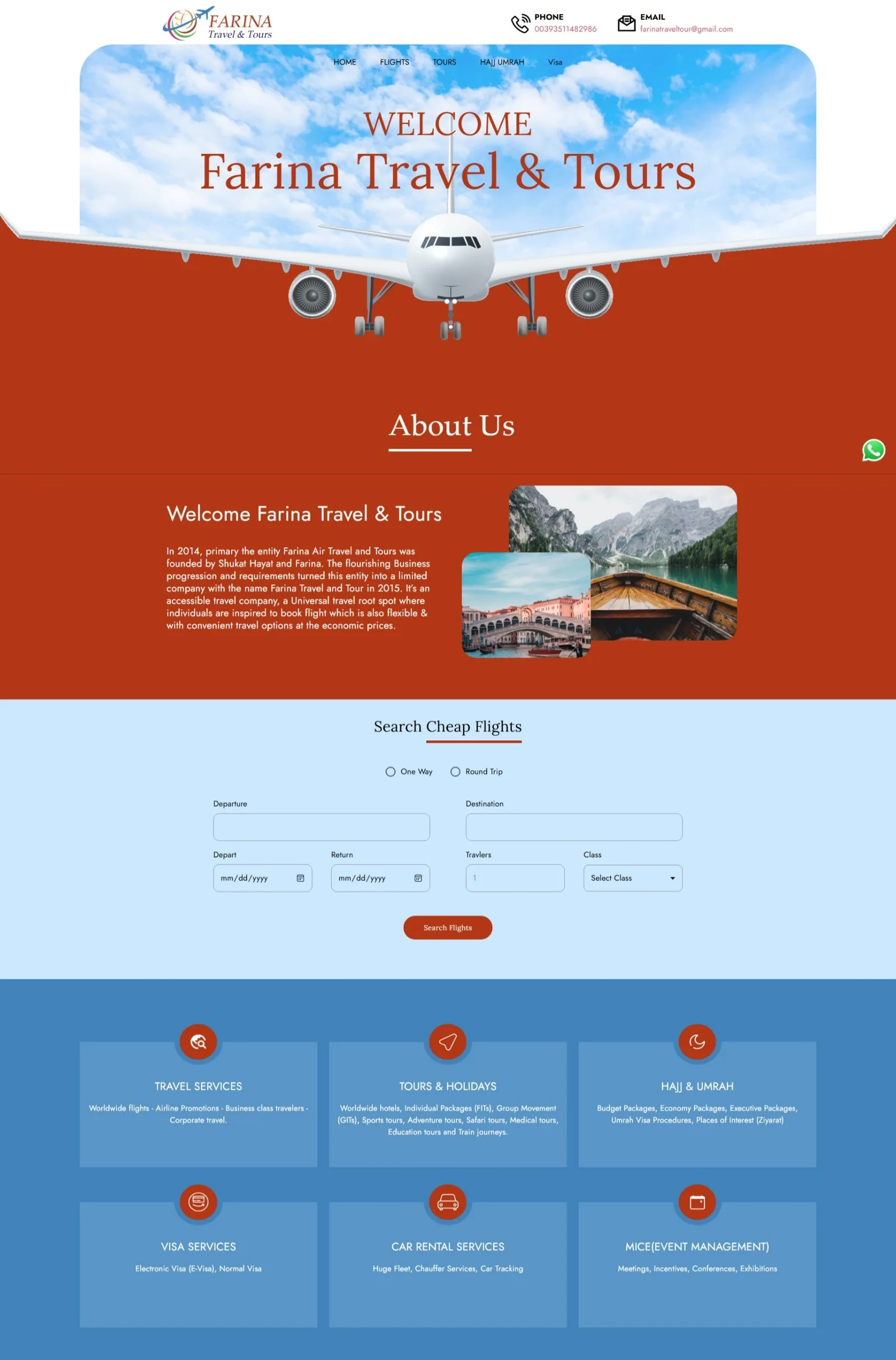 Travel agency homepage: cloud hero with a head-on airliner, About Us blurb, Search Cheap Flights form and six service cards