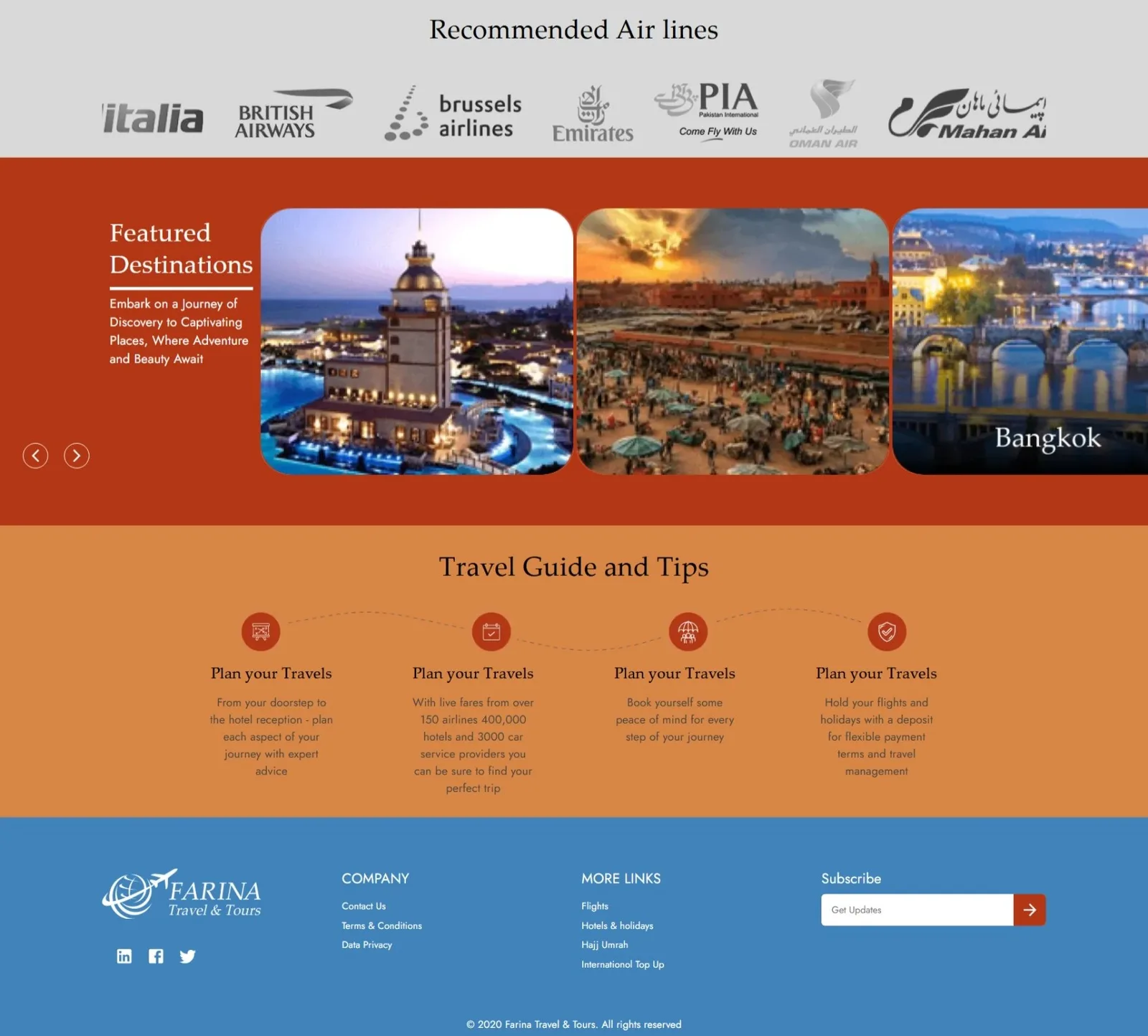 Recommended Air lines logo strip above a Featured Destinations carousel with a Bangkok card, Travel Guide and Tips row and blue footer