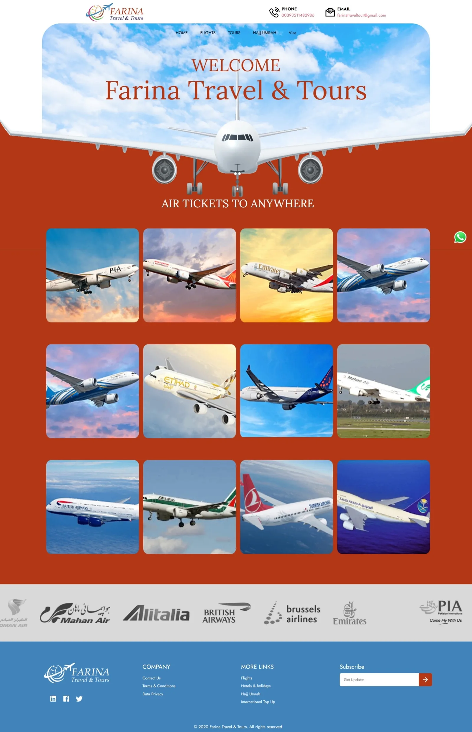 Flights page headed Air Tickets to Anywhere, with a twelve-tile grid of airline aircraft photos above a partner logo strip