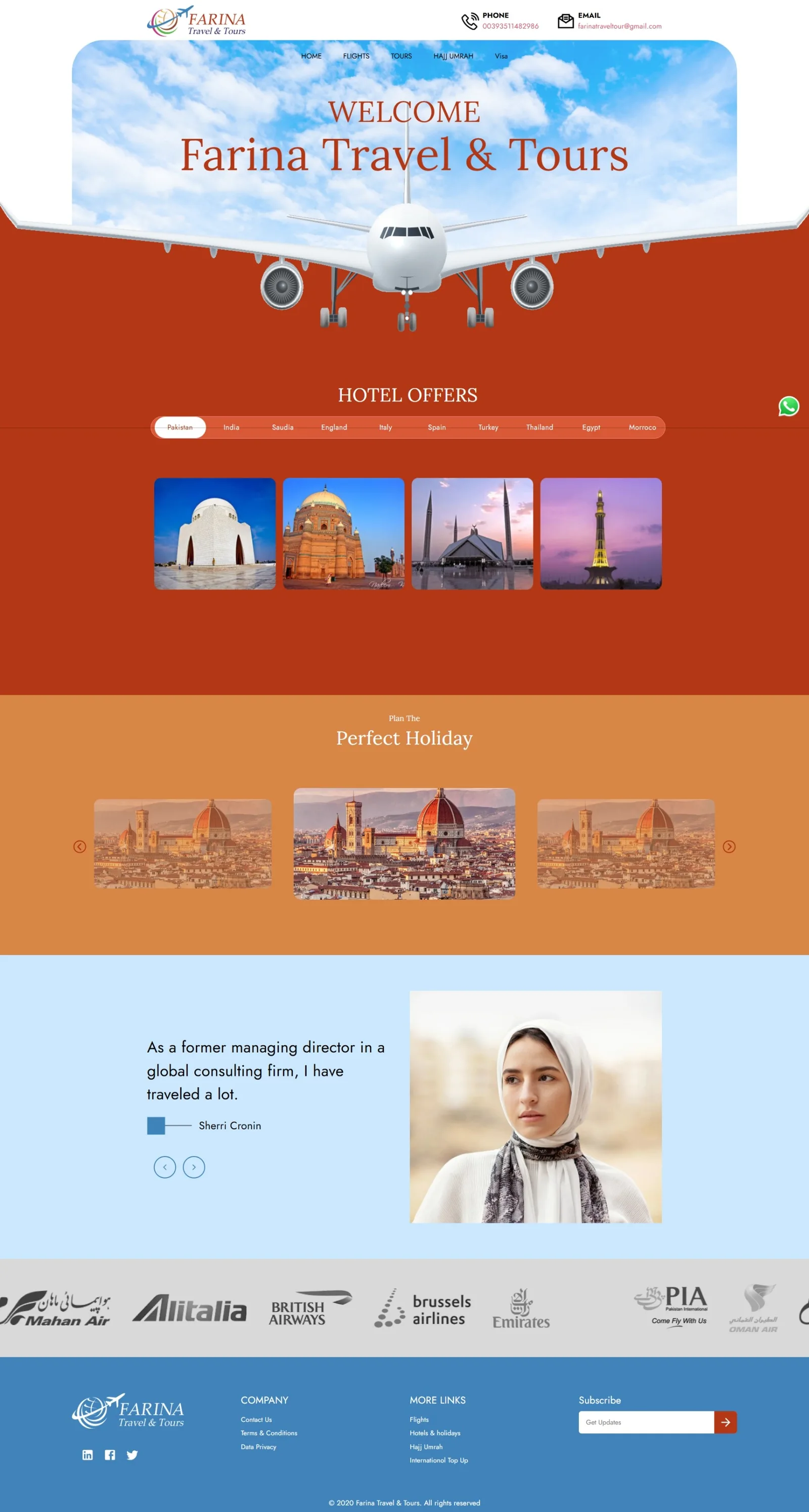 Hotel Offers page with country tabs from Pakistan to Morocco, landmark cards, a Perfect Holiday carousel and a testimonial slide