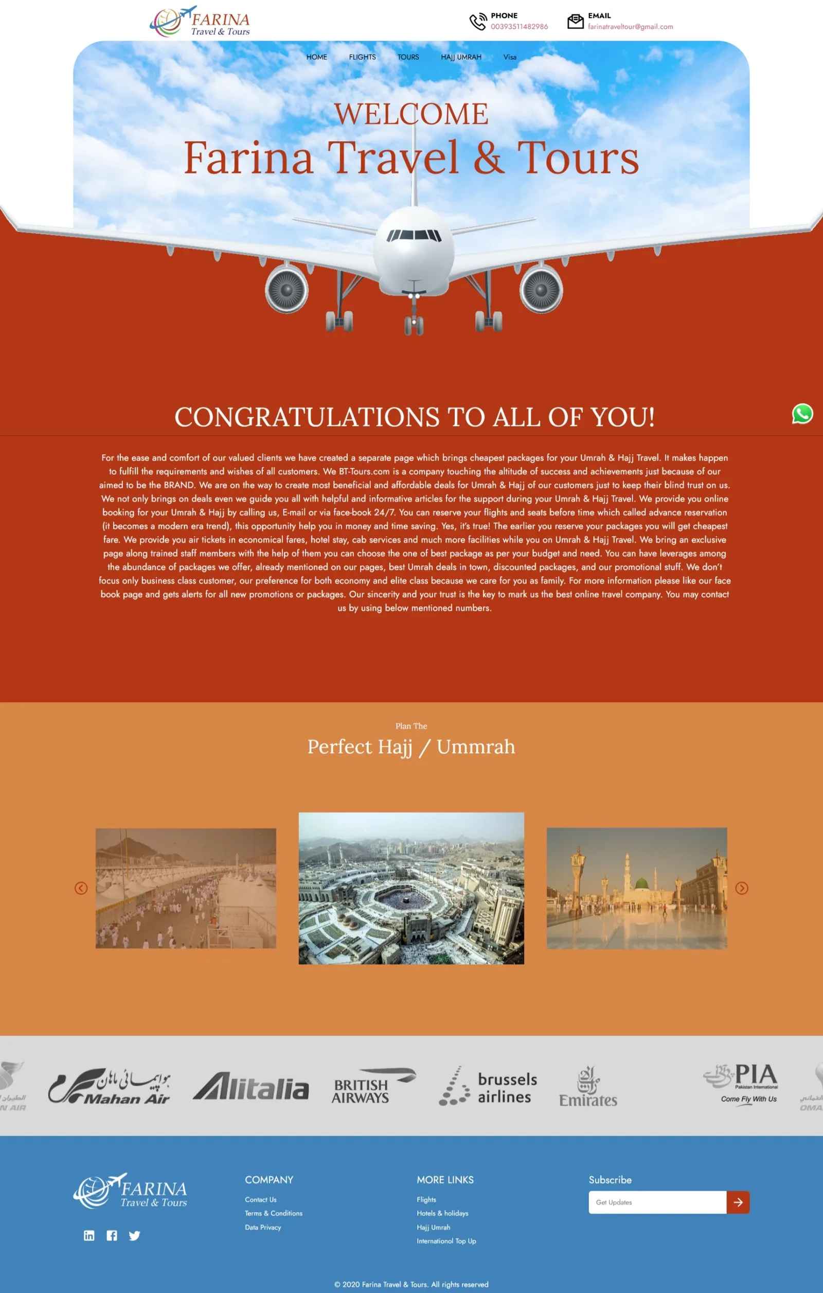 Hajj and Umrah page with a congratulations banner, long package description and a Perfect Hajj / Ummrah image carousel