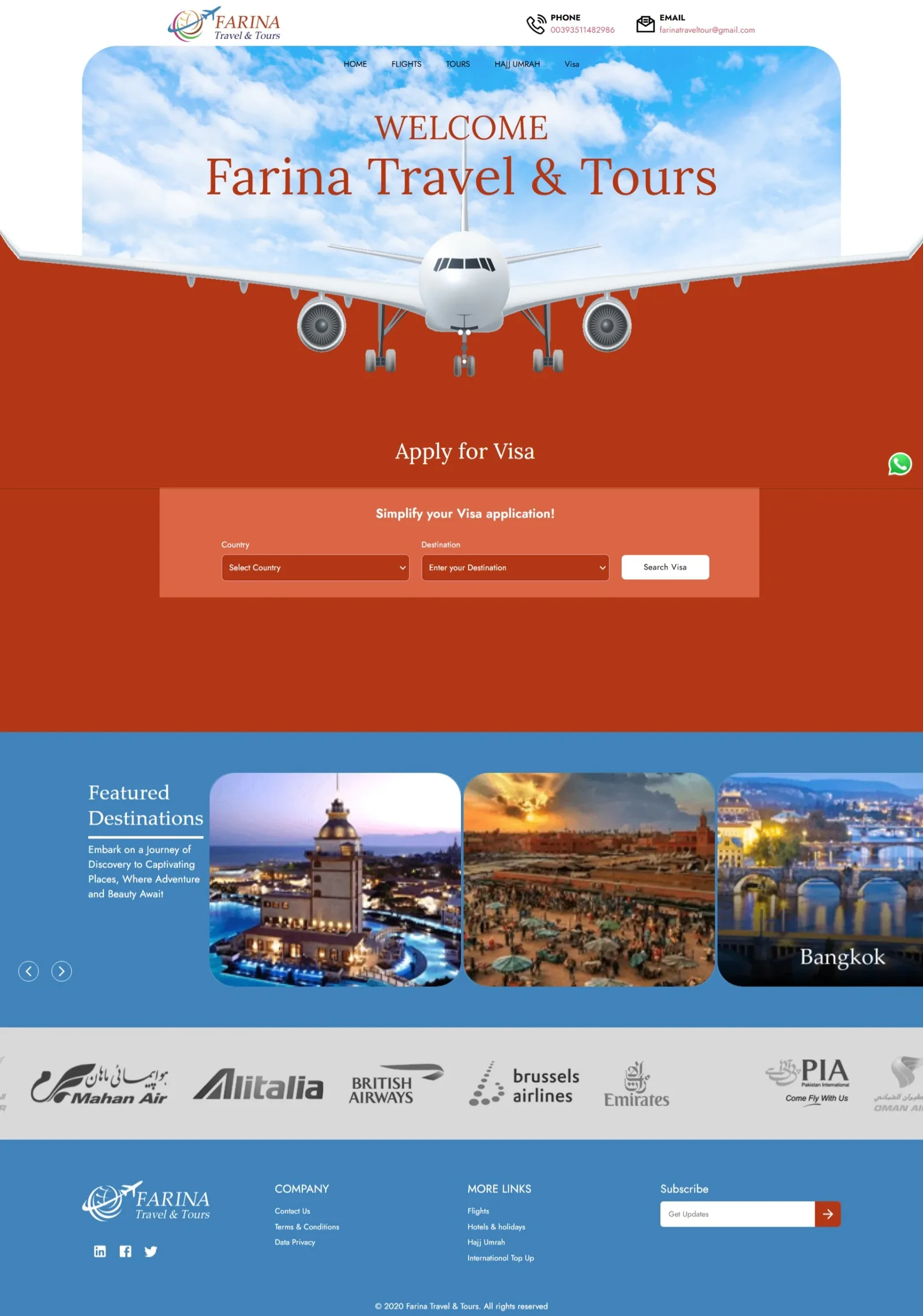 Apply for Visa page: country and destination dropdowns with a Search Visa button above a Featured Destinations carousel
