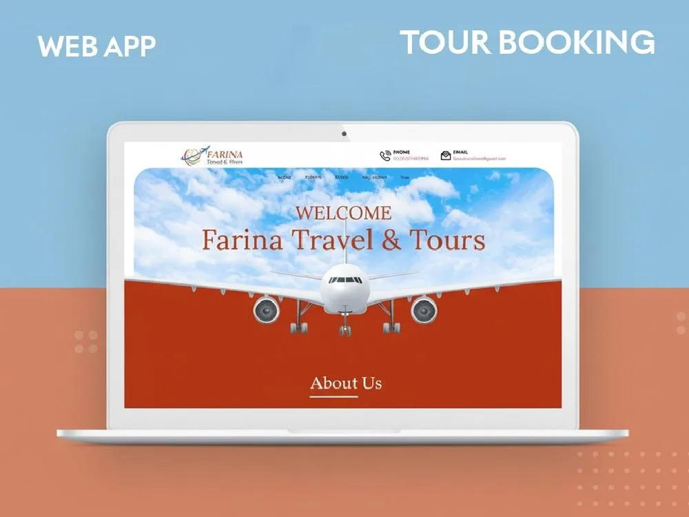 Laptop mockup on a blue and orange split panel showing an airline homepage, labelled WEB APP and TOUR BOOKING