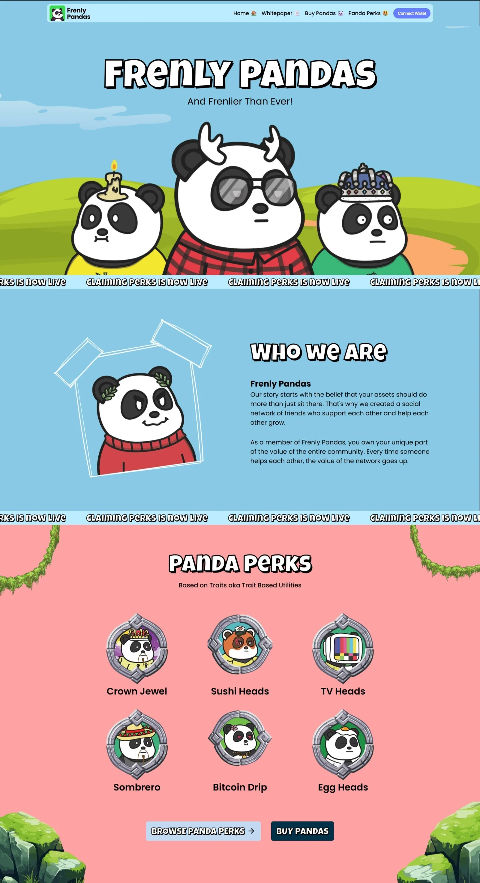 Cartoon panda NFT landing page: hero with three pandas, a Who We Are story block, and a Panda Perks trait grid