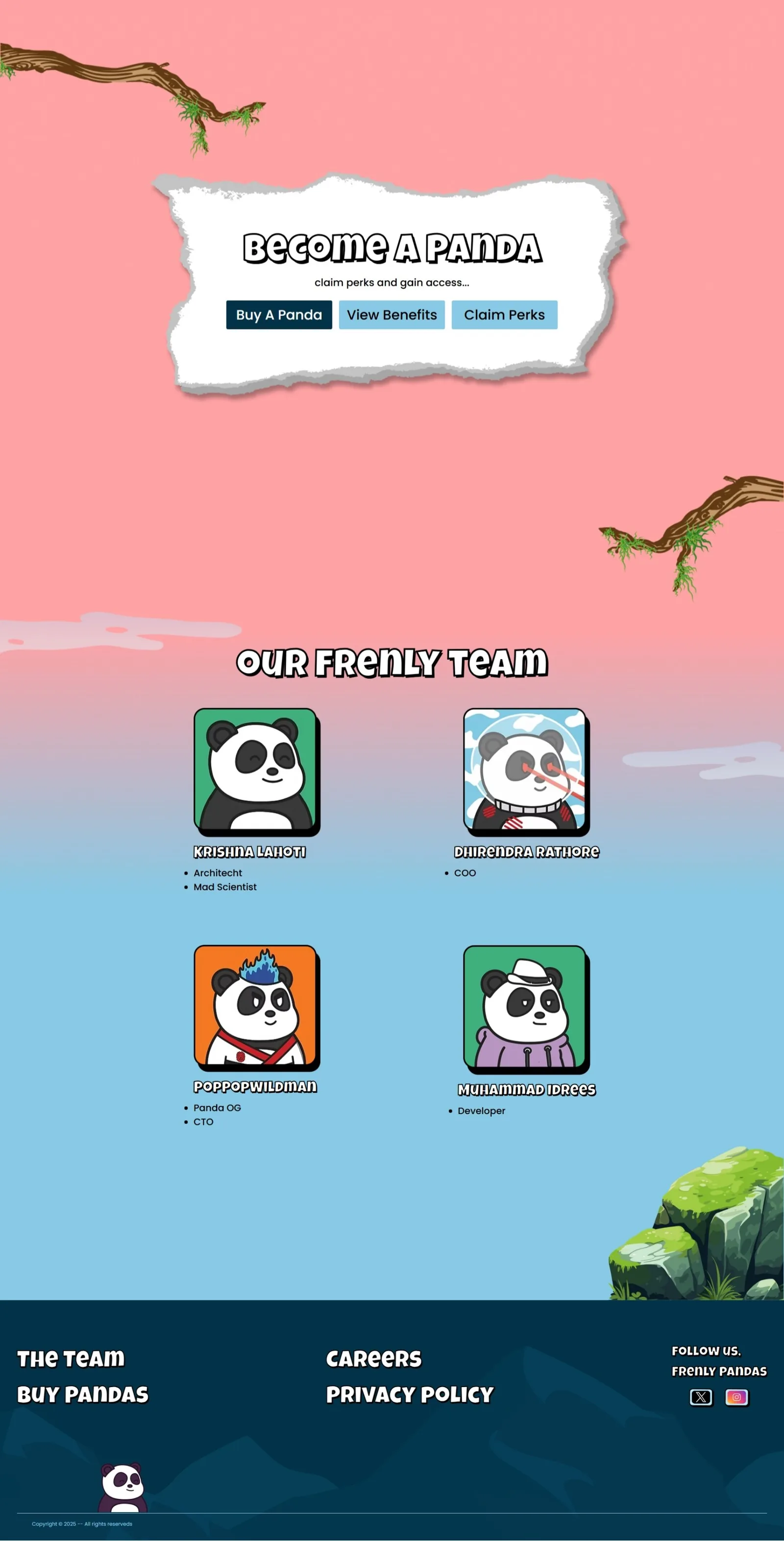 Become A Panda call-to-action card with Buy, View Benefits and Claim Perks buttons above a team grid of panda avatars