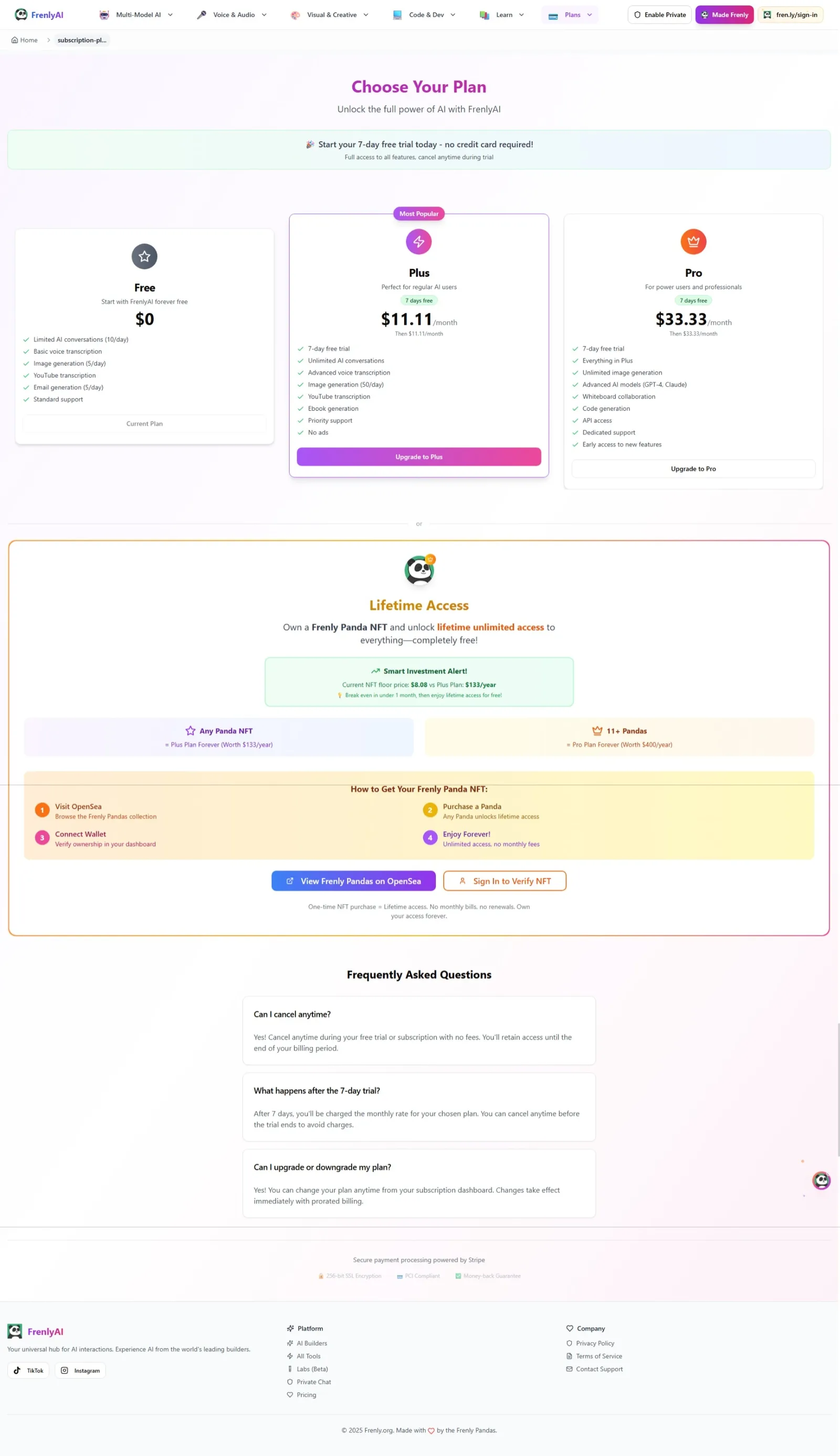 Subscription pricing page with Free, Plus and Pro tiers plus a Lifetime Access panel unlocked by owning a panda NFT