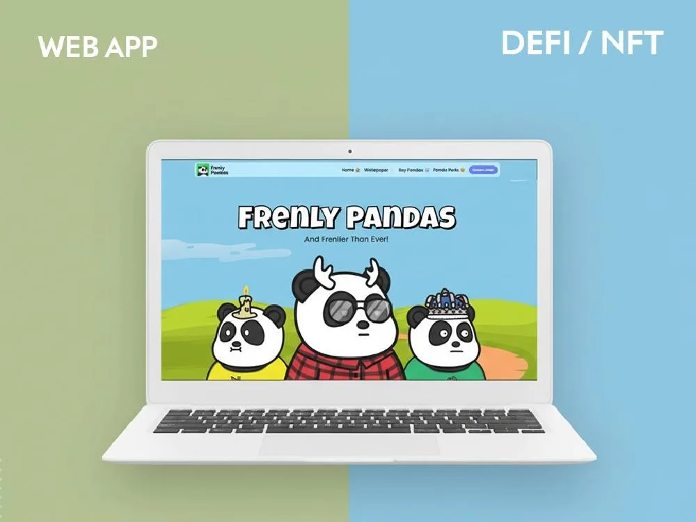 Laptop mockup on split green and blue background labelled WEB APP and DEFI / NFT, showing a cartoon panda landing page