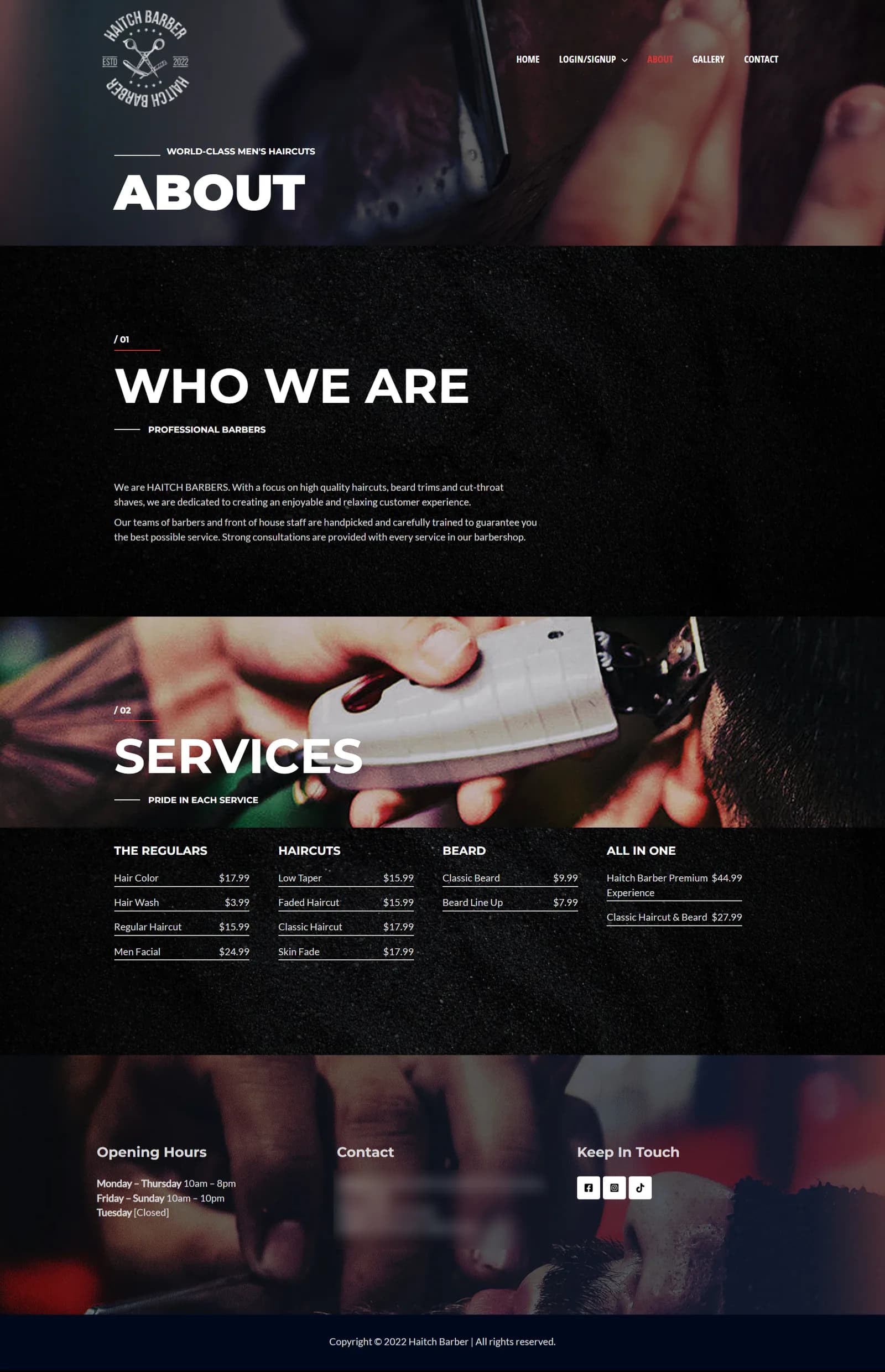 About page with a Who We Are section and a Services price list covering haircuts, beard trims and combo packages.
