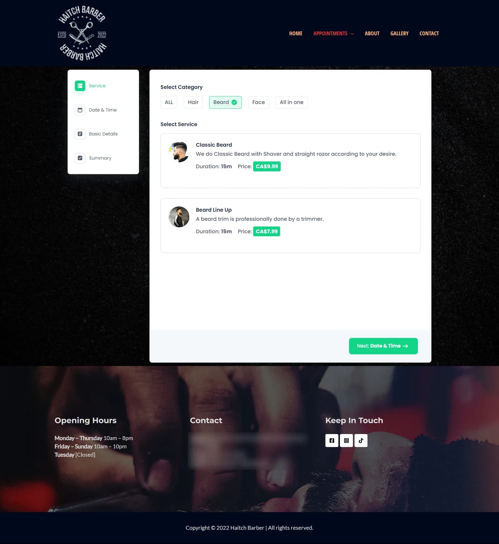 Booking wizard step one: category filters with Beard selected and service cards for Classic Beard and Beard Line Up.