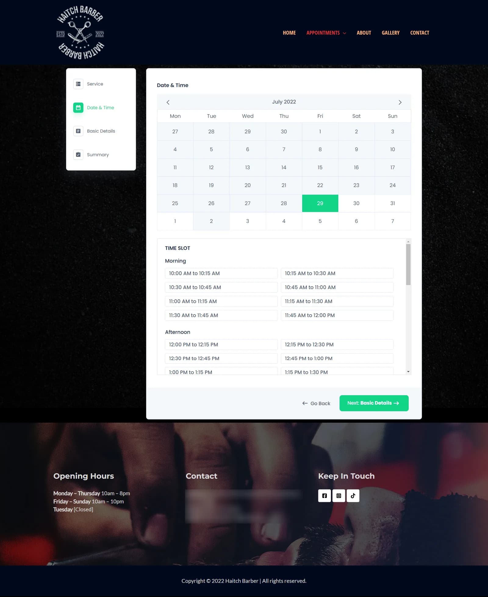 Booking step two showing a July 2022 calendar with the 29th selected plus morning and afternoon time-slot lists.