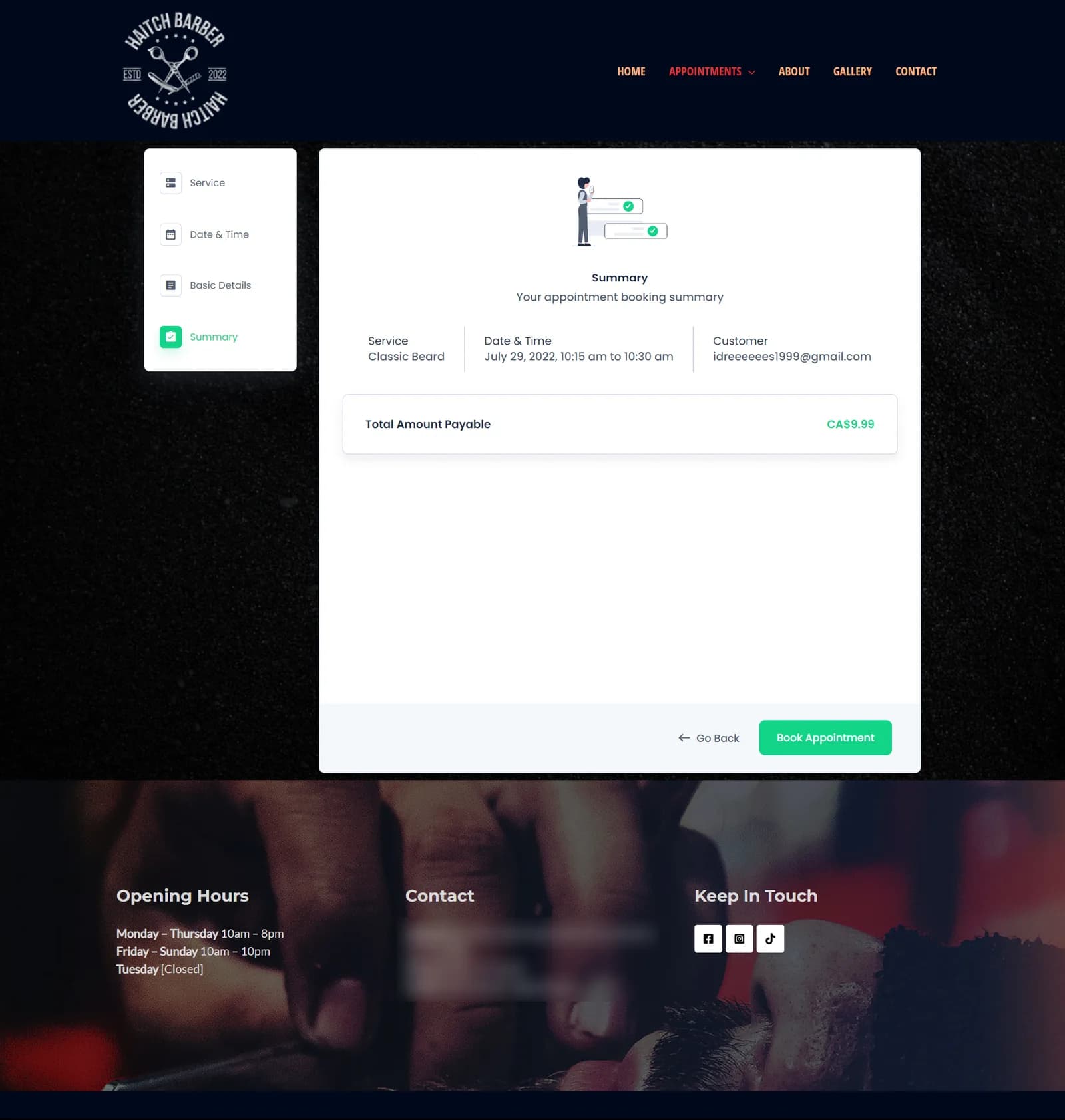 Booking summary step listing service, date, time and customer with total amount payable and a Book Appointment button.