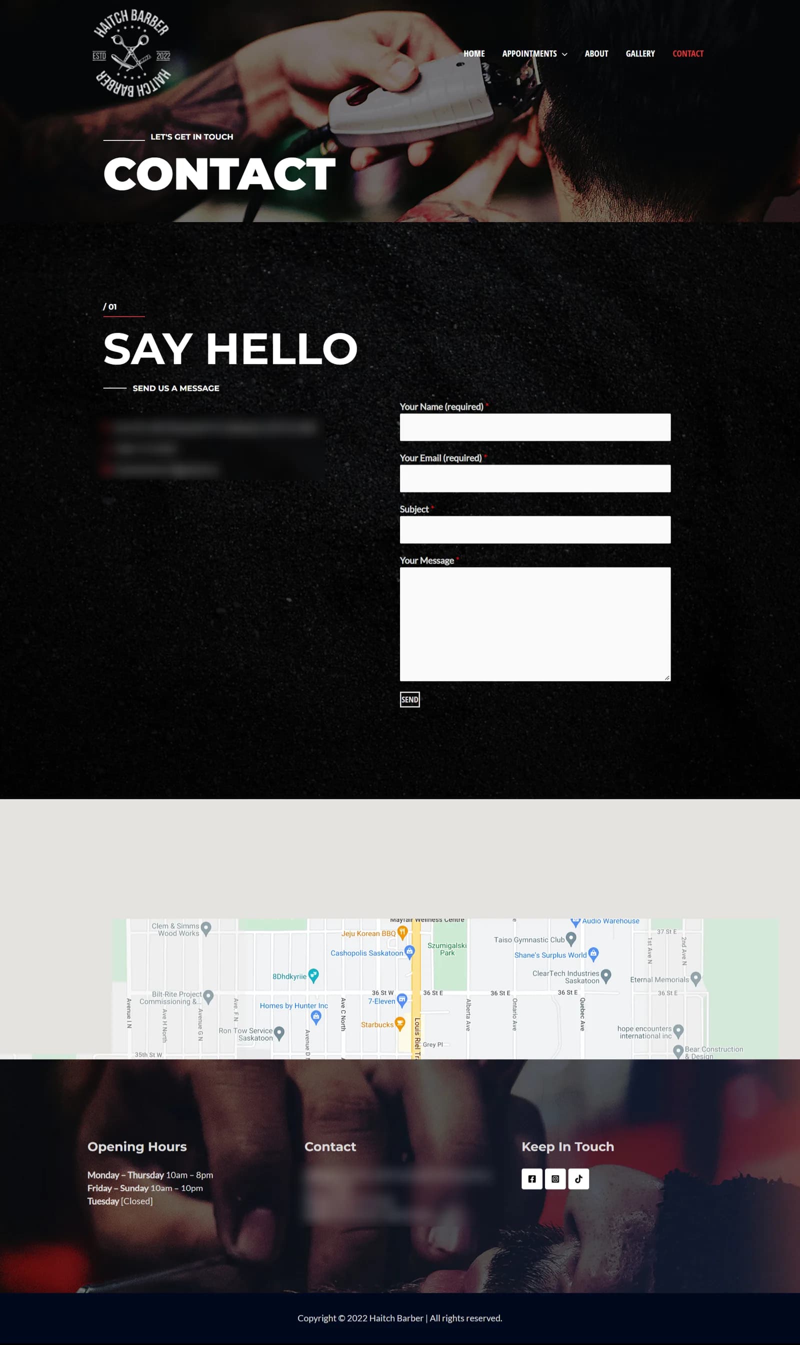 Contact page with a Say Hello enquiry form for name, email, subject and message, above an embedded street map.
