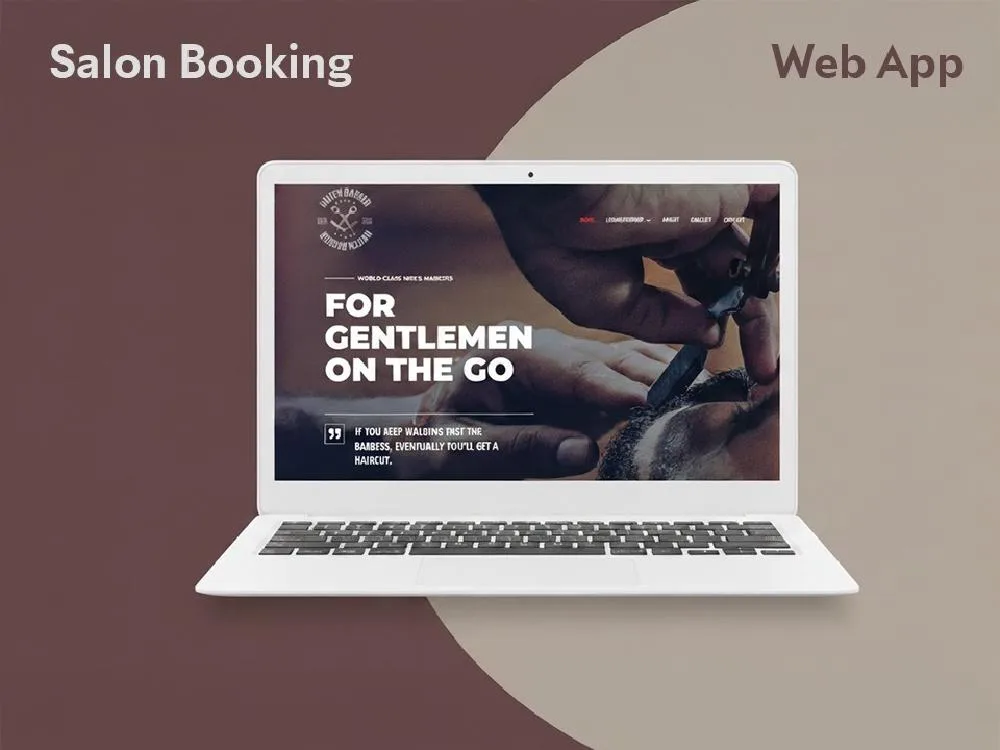 Laptop mockup on a maroon cover labelled Salon Booking and Web App, showing a dark barbershop homepage