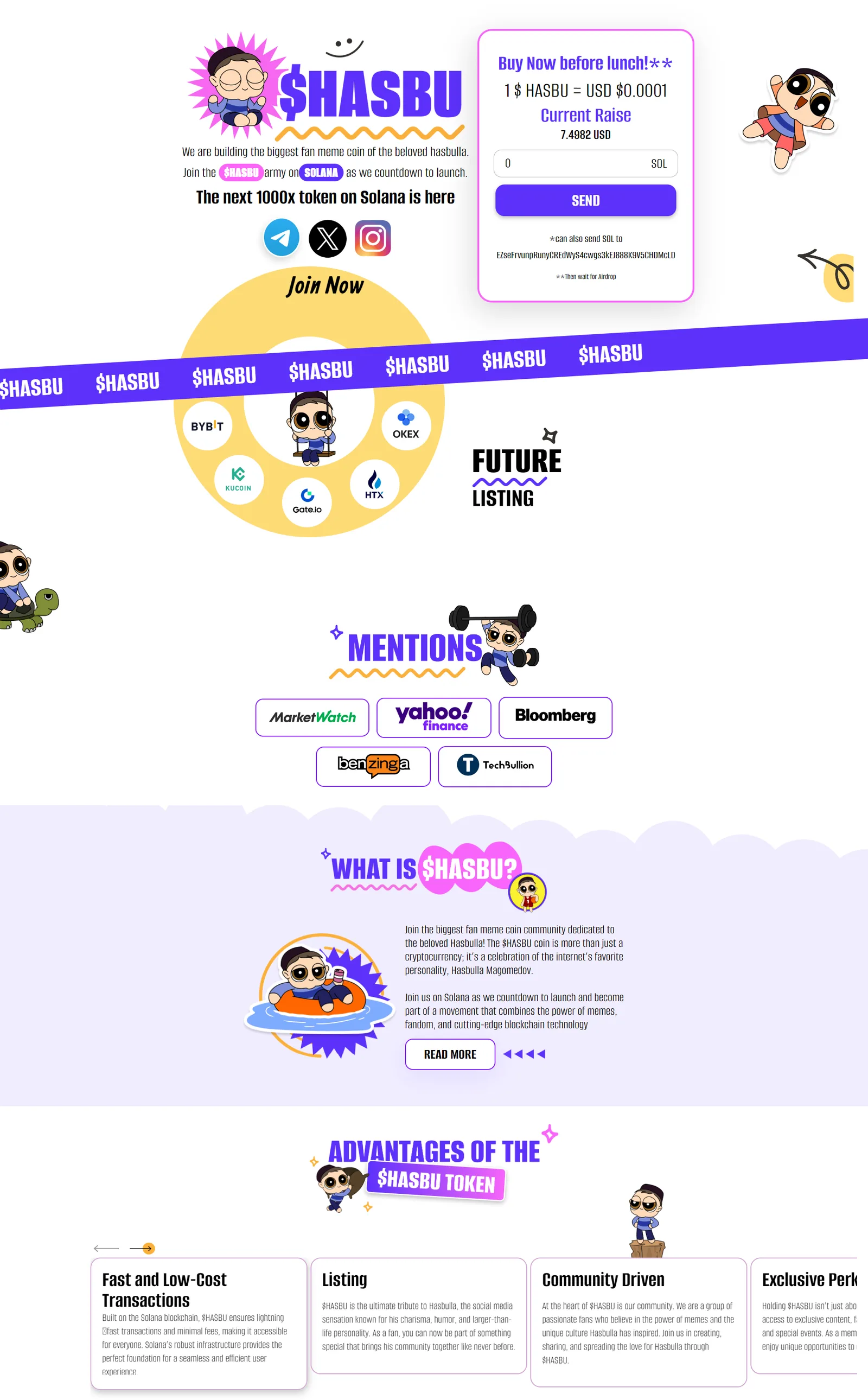 Meme-coin landing page: mascot logo and pink buy panel with a SOL amount field and live raise total, over an exchange-listing wheel and press mentions row