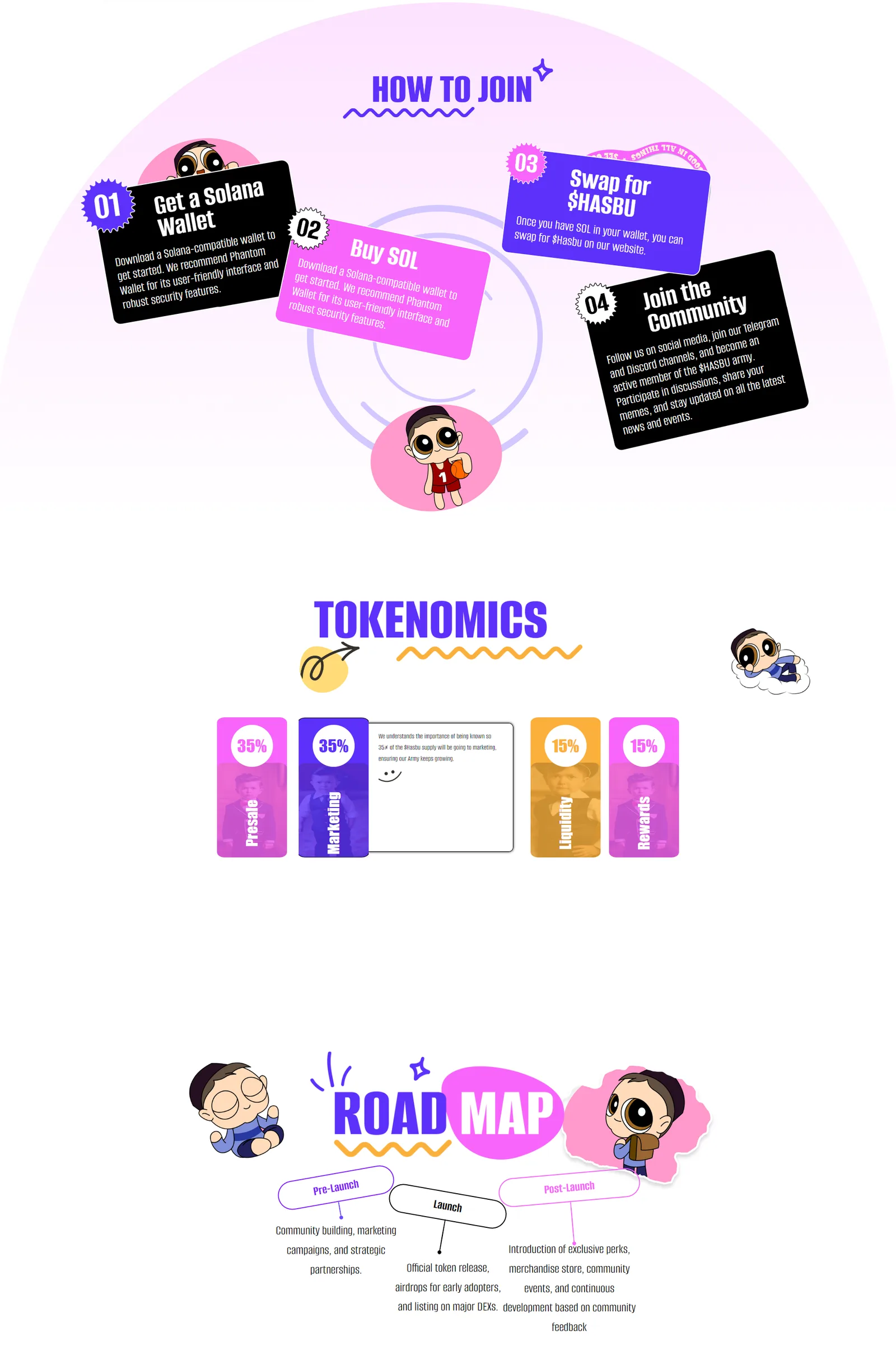 Four-step "How to join" cards over a pink arc, a tokenomics split of 35/35/15/15, and a three-phase pre-launch to post-launch roadmap