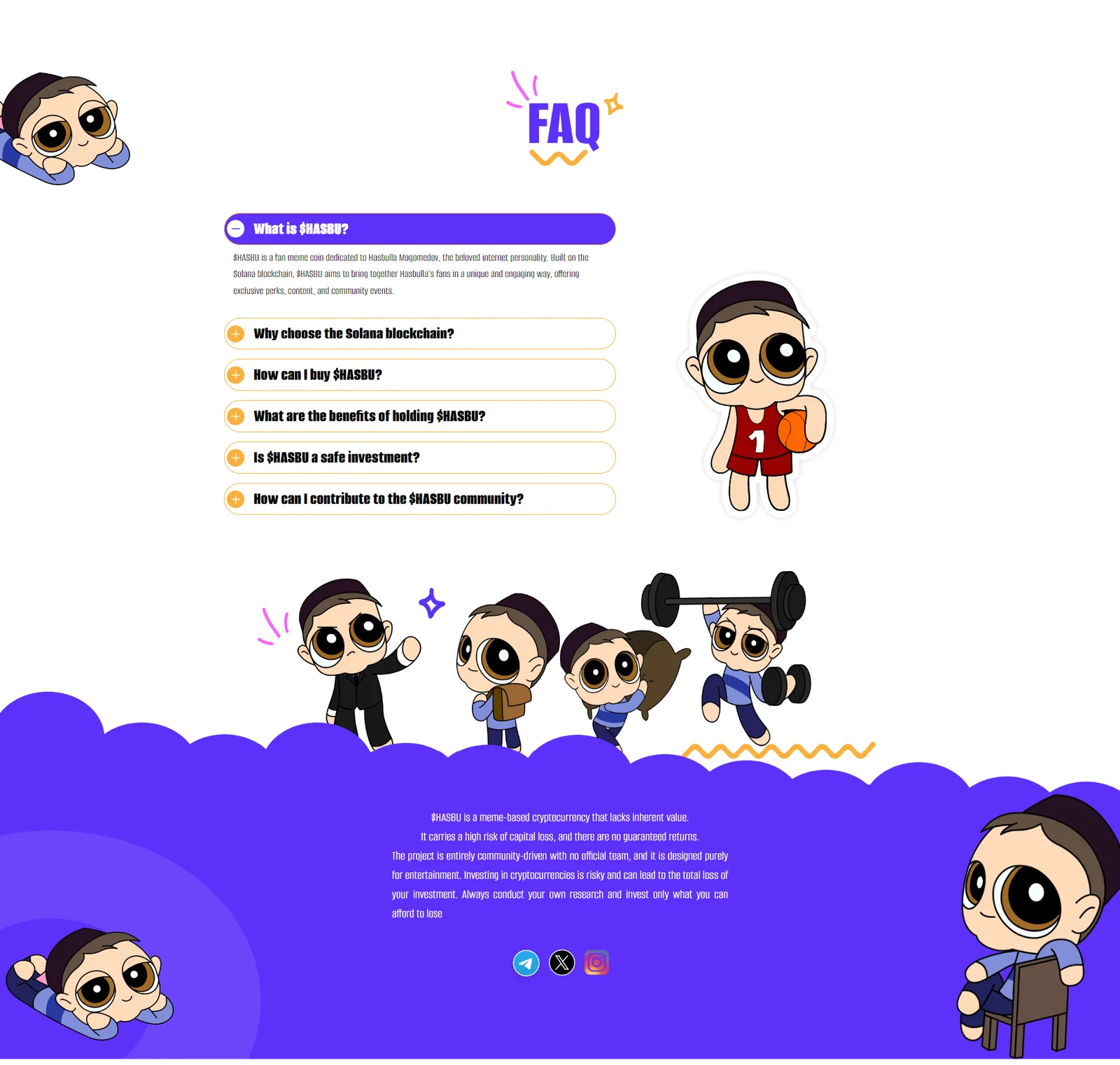 FAQ accordion with the first question expanded, mascot stickers, and a violet footer holding a risk disclaimer and social icons
