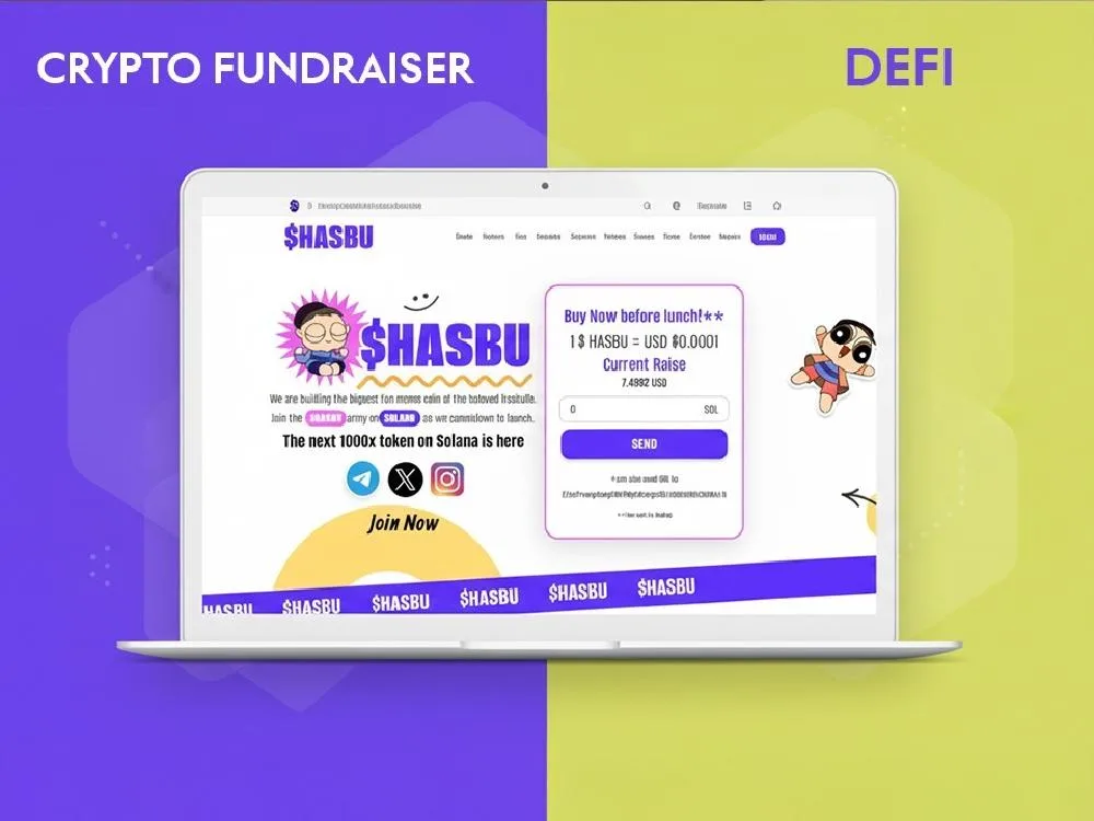Laptop mockup on violet and lime split background labelled "CRYPTO FUNDRAISER" and "DEFI", showing a purple meme-coin landing page