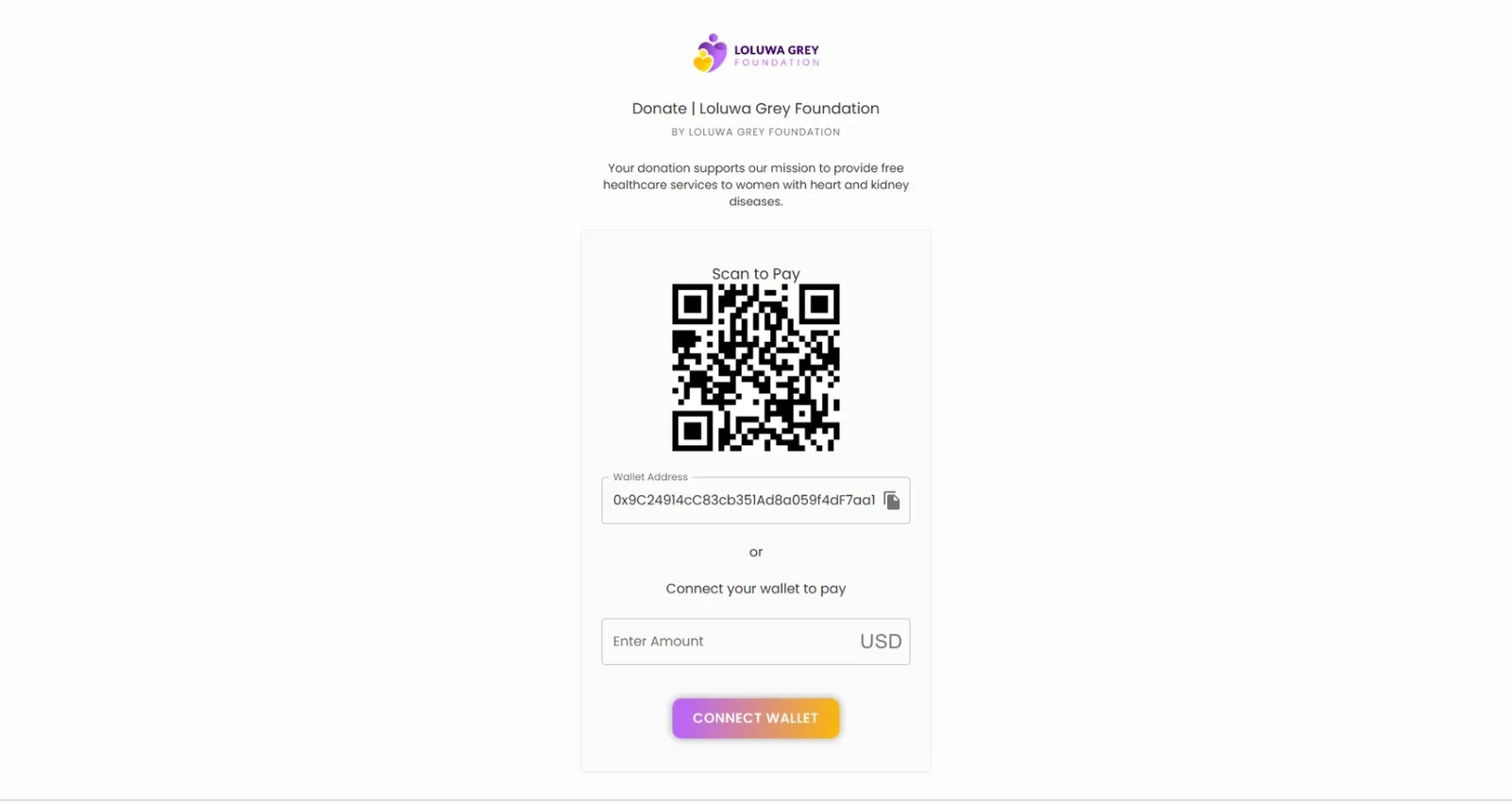 Donation page with charity logo, Scan to Pay QR code, copyable wallet address field, USD amount input and Connect Wallet button