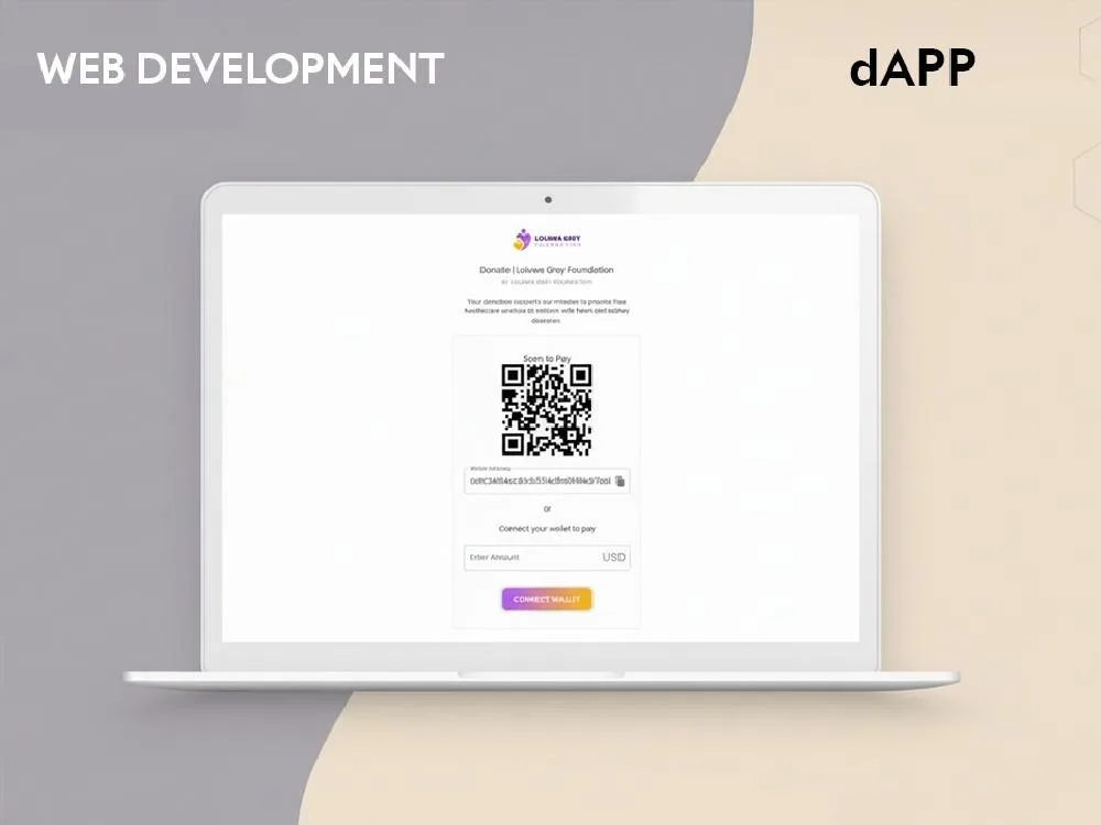 Laptop mockup of a crypto donation page with QR code, captioned WEB DEVELOPMENT and dAPP