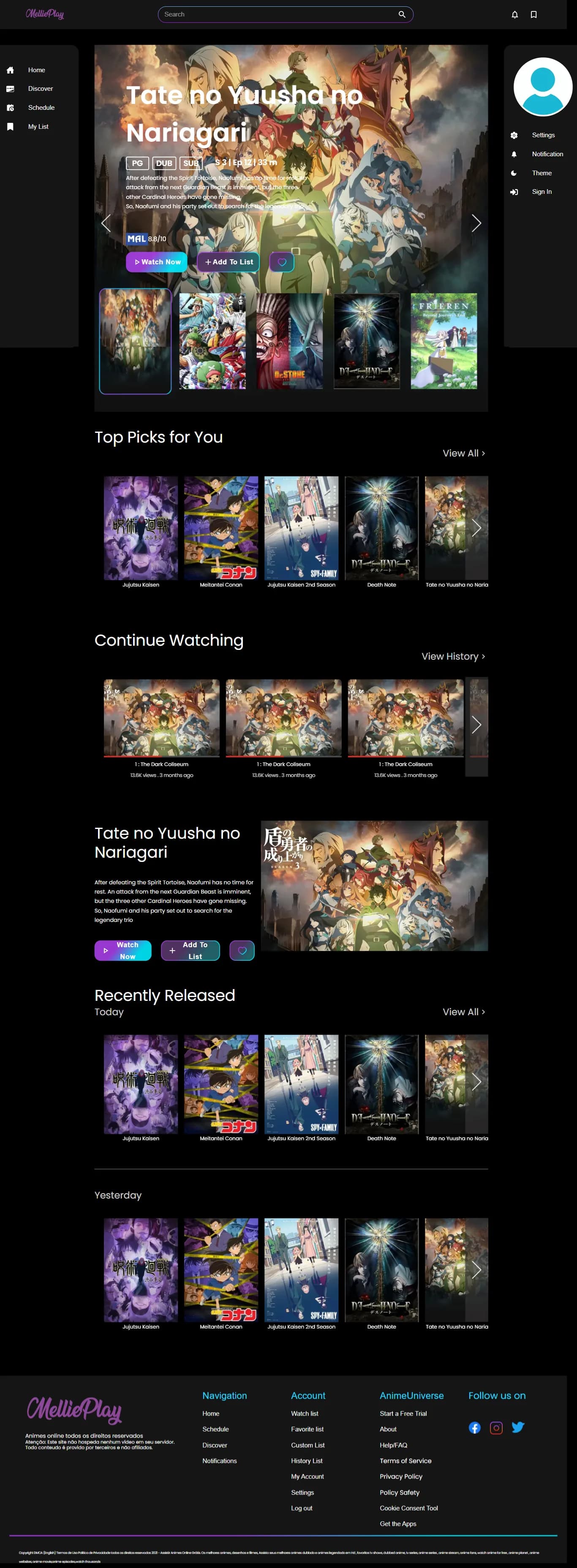 Dark streaming homepage with featured anime banner, Watch Now and Add To List buttons, plus Top Picks, Continue Watching and Recently Released carousels