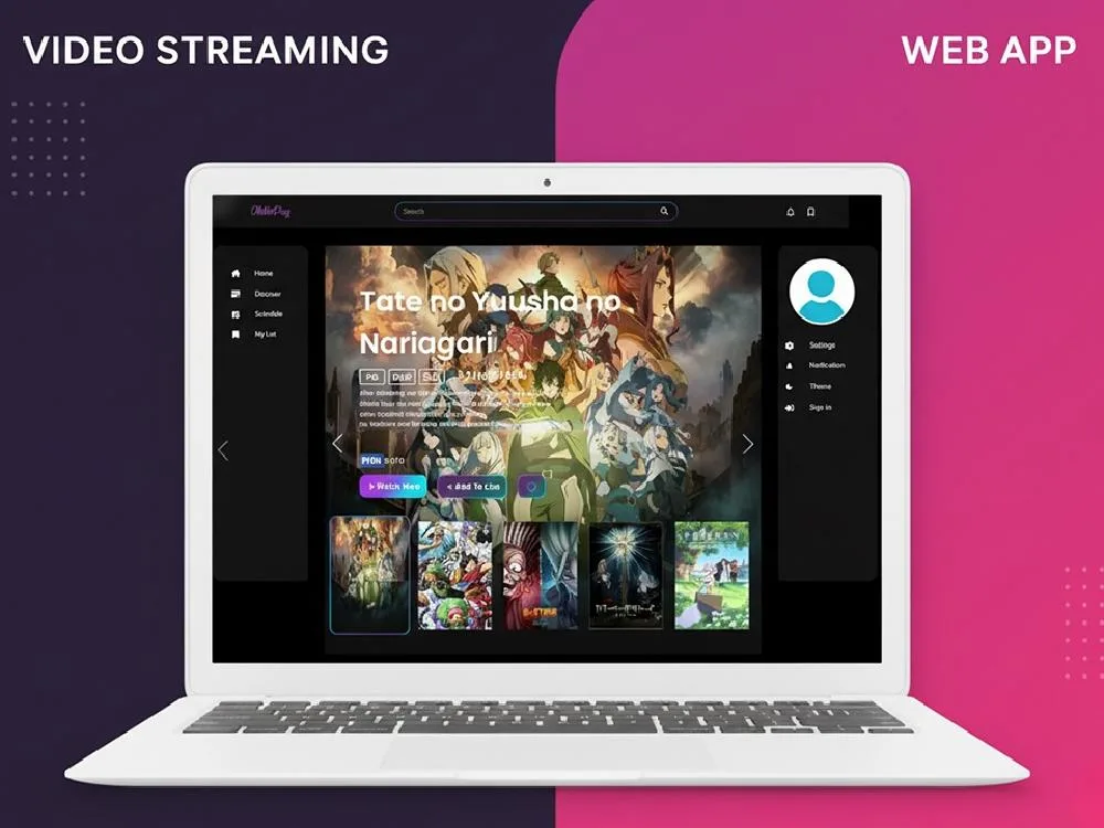 Laptop mockup on split violet-and-pink cover labelled "VIDEO STREAMING" and "WEB APP", showing a dark anime catalogue